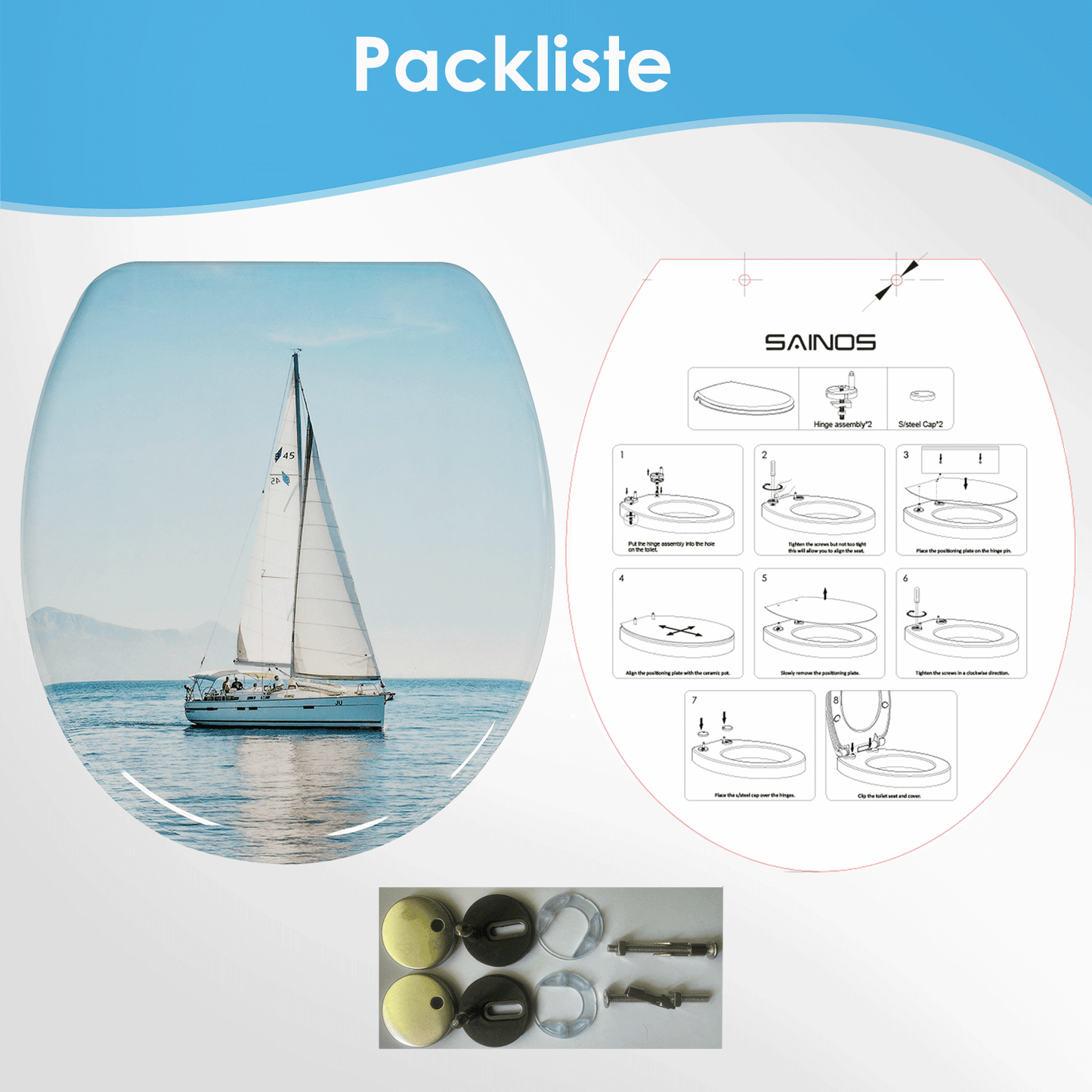 SAINOS O-förmiger Premium-Duroplast Toilettensitz Toilettendeckel, WC Sitz mit Absenkautomatik, Quick-Release Funktion für einfach Reinigung, O Form Weiß Toilettensitz mit Verstellbaren Scharnieren(UF12-344)