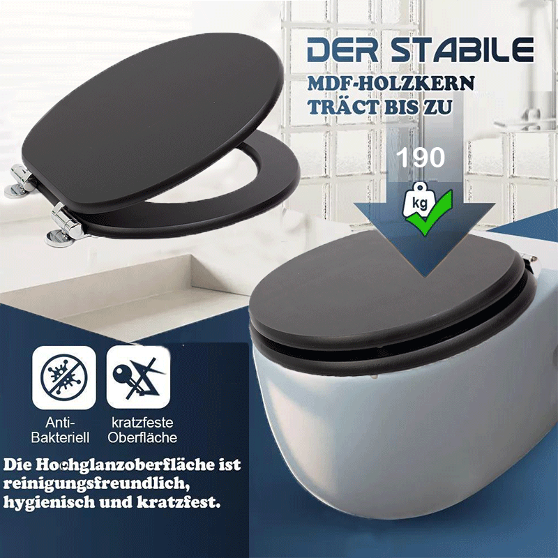 SINOBATH (B01) MDF-Holzkern, stabile Qualität, einfach zu installierender Toilettensitz, hochwertige und stabile antibakterielle Toilette (schwarz)