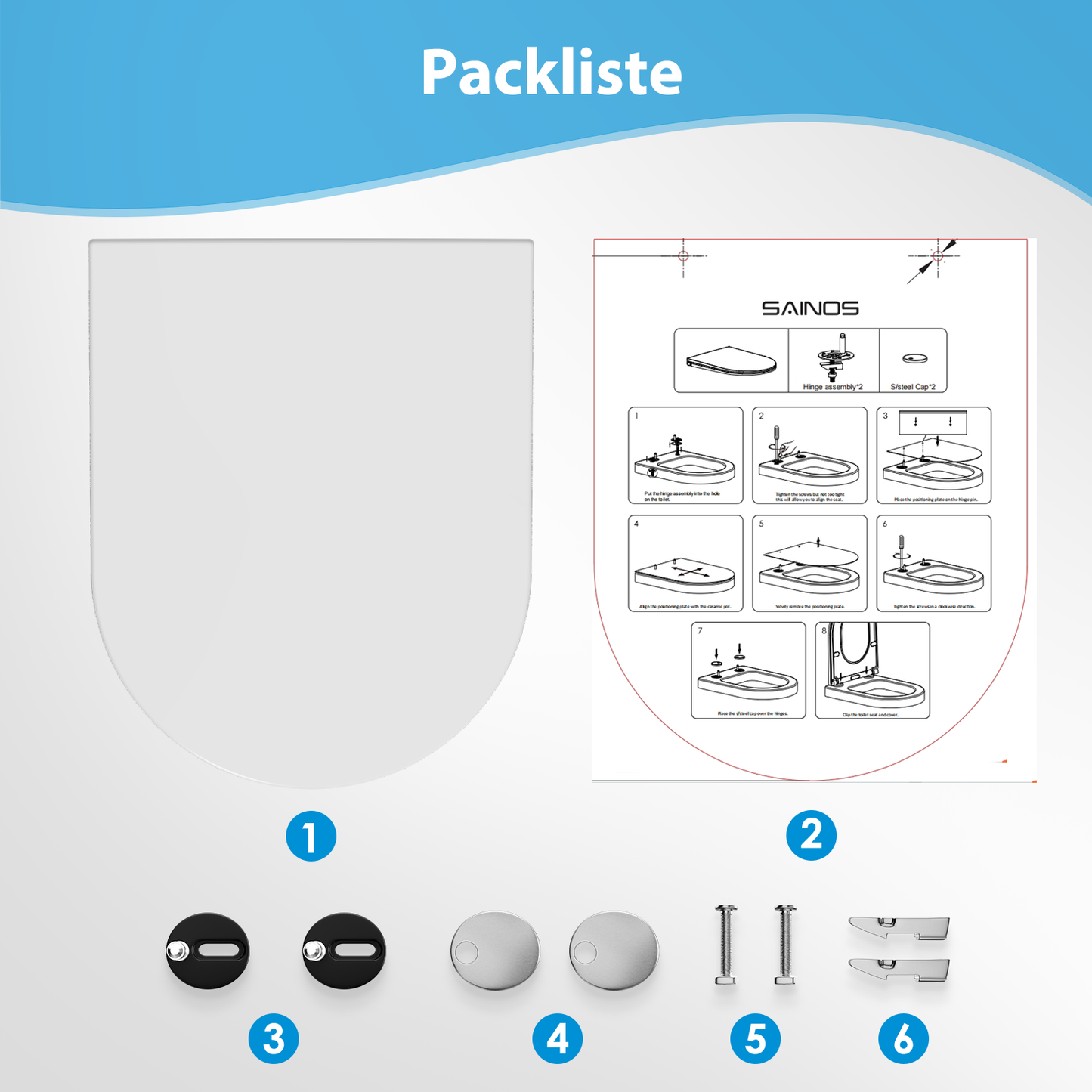 SAINOS O-förmiger Premium-Duroplast Toilettensitz Toilettendeckel, WC Sitz mit Absenkautomatik, Quick-Release Funktion für einfach Reinigung, O Form Weiß Toilettensitz mit Verstellbaren Scharnieren(SU046-W)