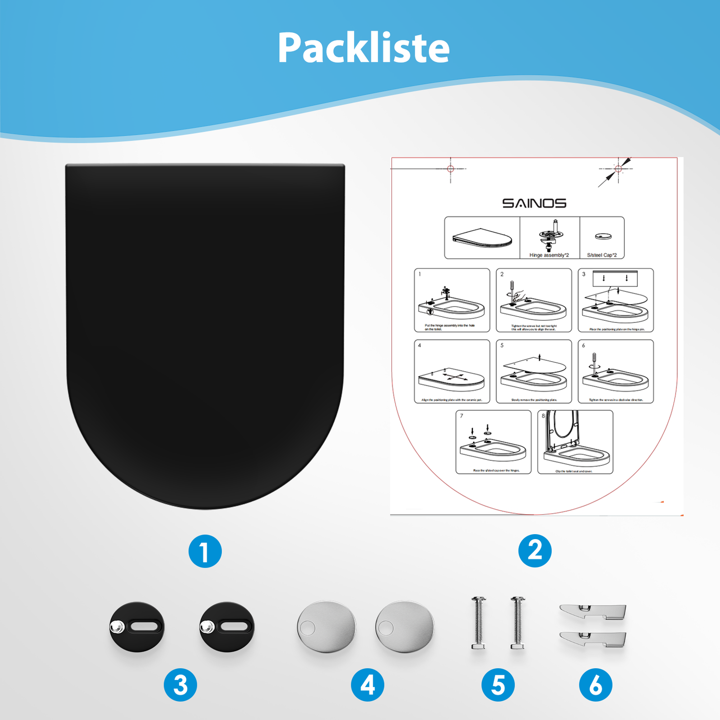 SAINOS O-förmiger Premium-Duroplast Toilettensitz Toilettendeckel, WC Sitz mit Absenkautomatik, Quick-Release Funktion für einfach Reinigung, D Form Weiß Toilettensitz mit Verstellbaren Scharnieren(SU046-B)