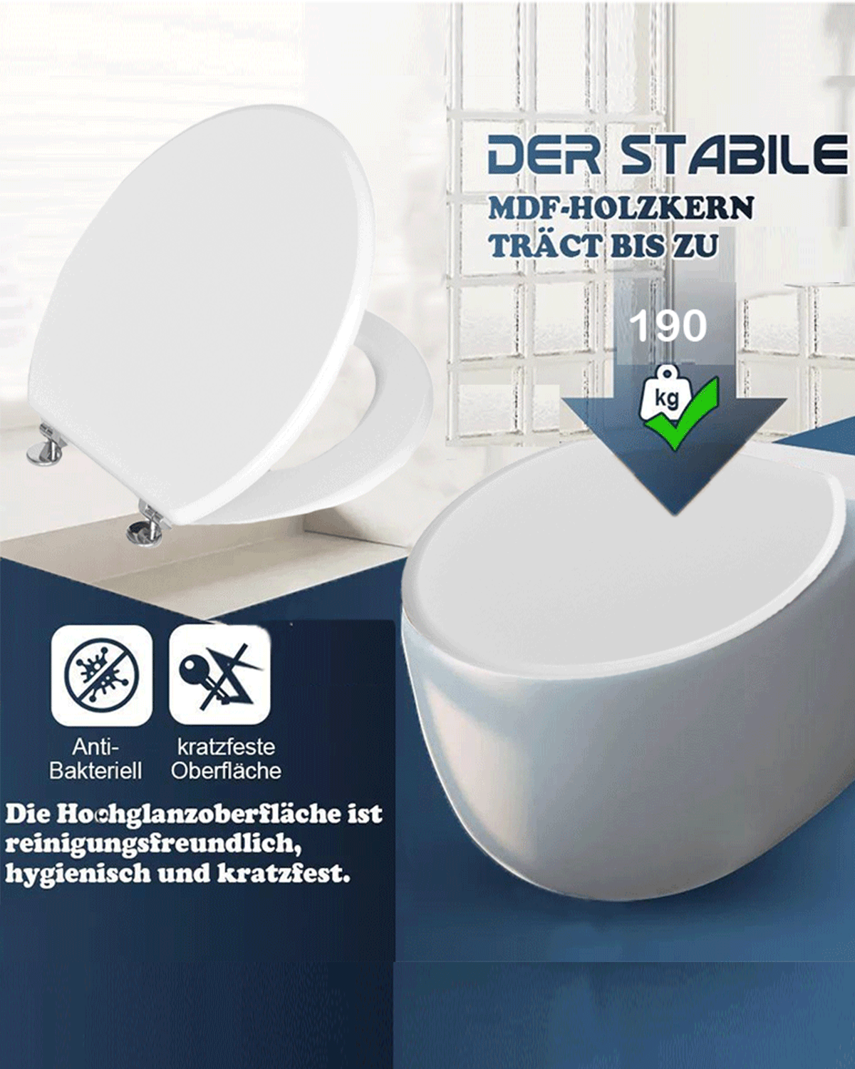 SINOBATH (H001) mit Absenkautomatik, MDF-Holzkern, WC-Sitz Toilettensitz (Weiß)