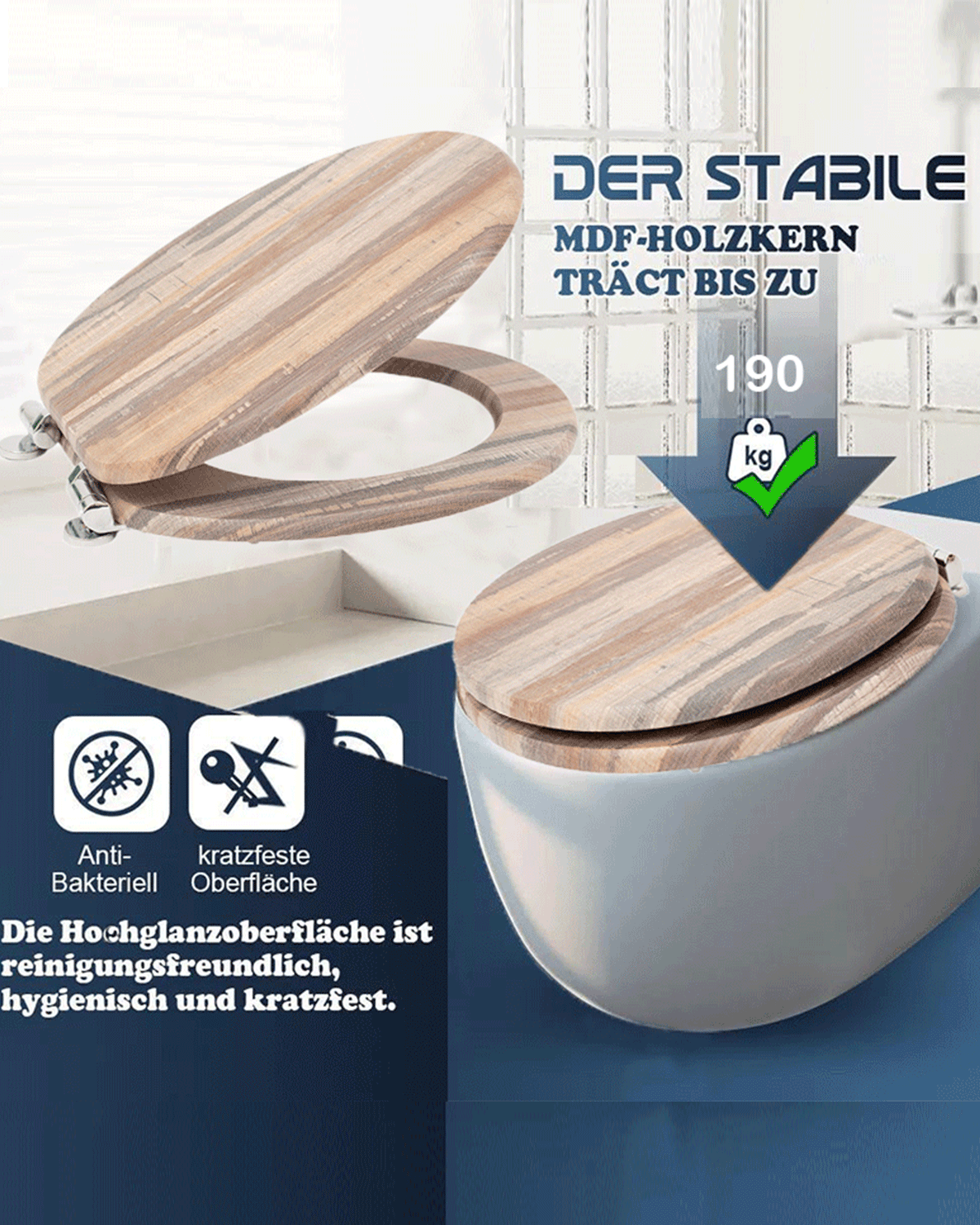 SINOBATH (H002) mit Absenkautomatik, WC-Sitz Toilettensitz, MDF-Holzkern, Softclose-Scharnier(Holzmuster)