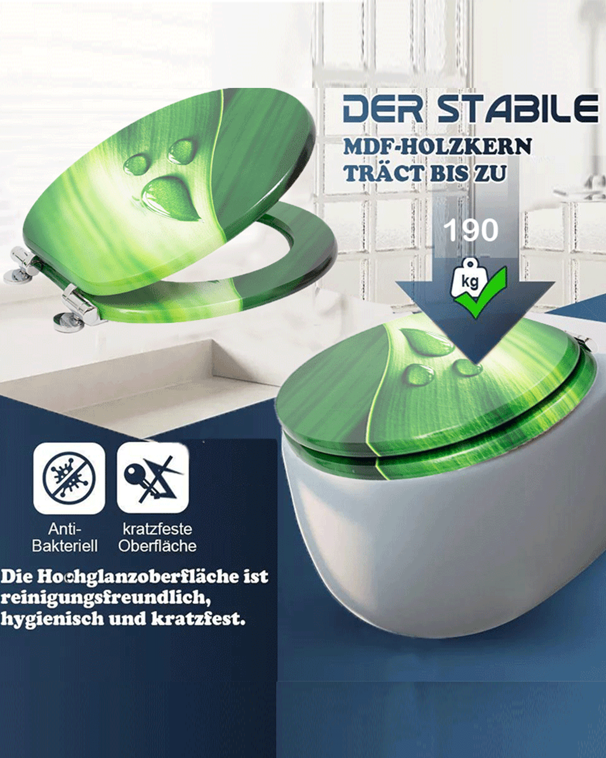 SINOBATH (H044) WC-Sitz Mit Absenkautomatik, Hochwertige Und Stabile Antibakterieller Toiletten, MDF Holzkern, Stabile QualitäT, Einfache Montage Wc Deckel Klobrille (Grünes Blatt)