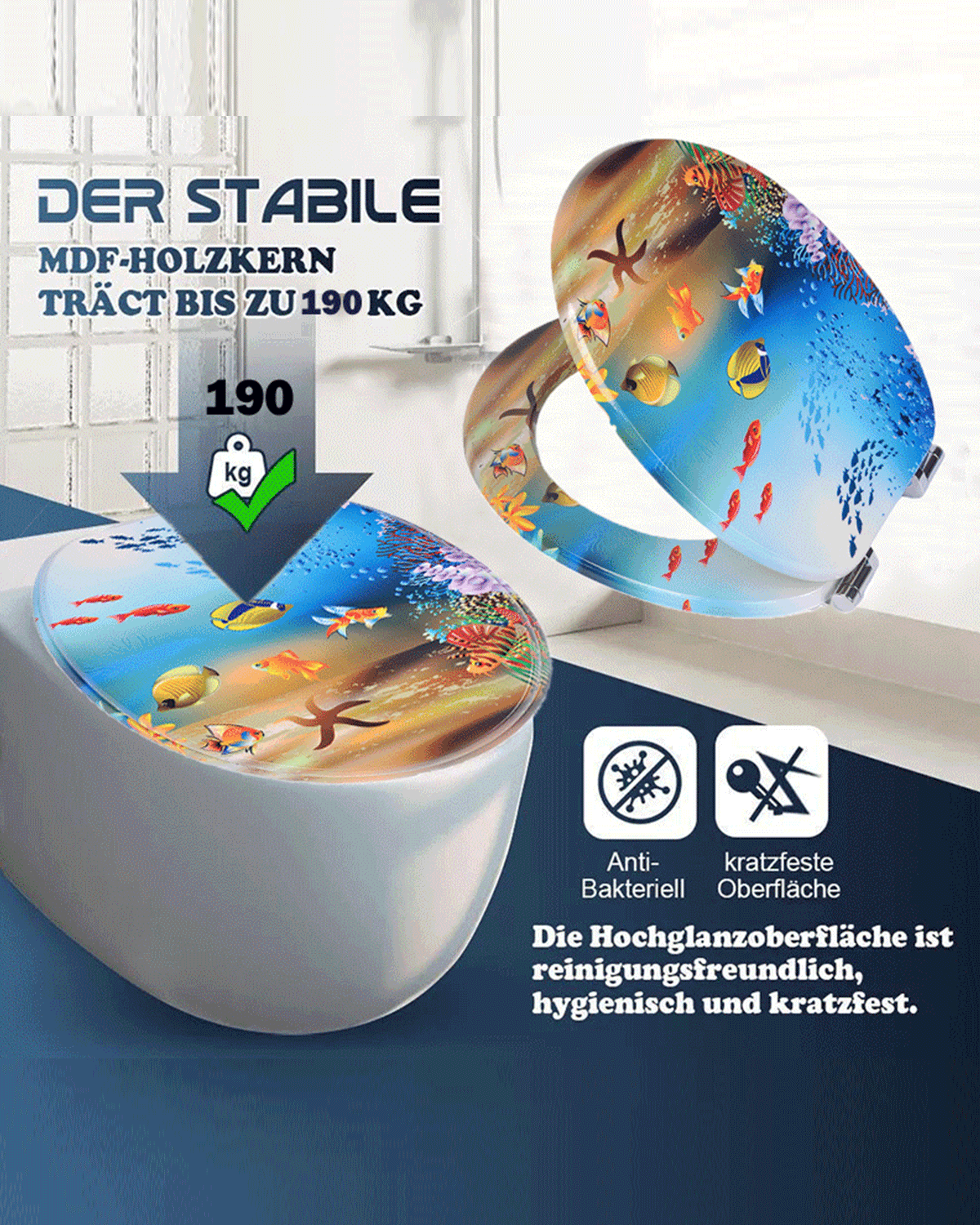 SINOBATH (H089)MDF-Holzkern, WC-Sitz Toilettensitz mit Absenkautomatik, Softclose-Scharnier(Ozean)