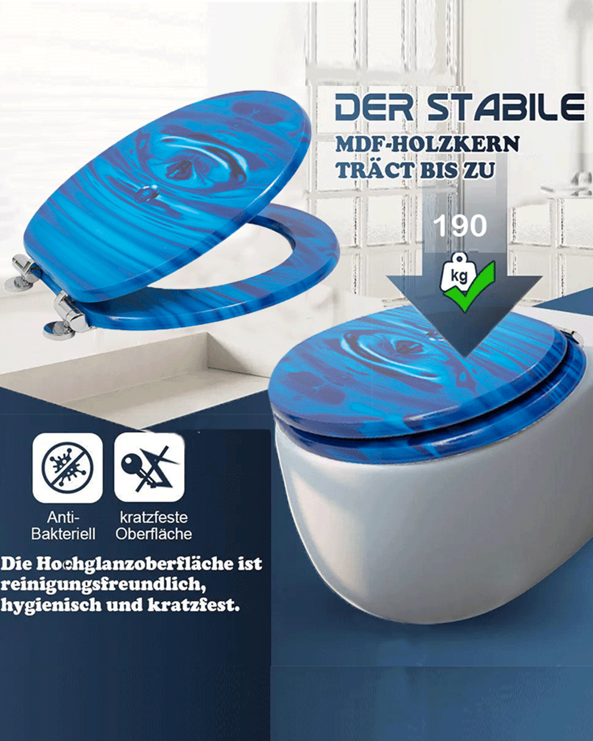 SINOBATH (H114) Toilettensitz mit Absenkautomatik, MDF-Holzkern, Softclose-Scharnier(Blaue Tropfen)