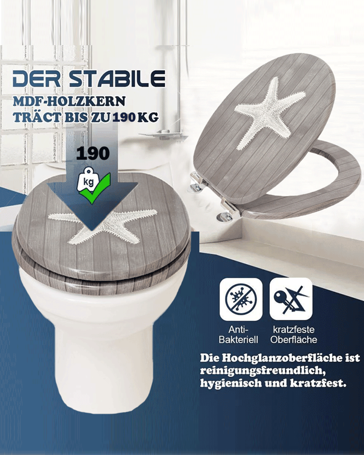 SINOBATH(H130) WC-Sitz Toilettensitz mit Absenkautomatik, Softclose-Scharnier(Seestern, natürliche Holzfarbe)
