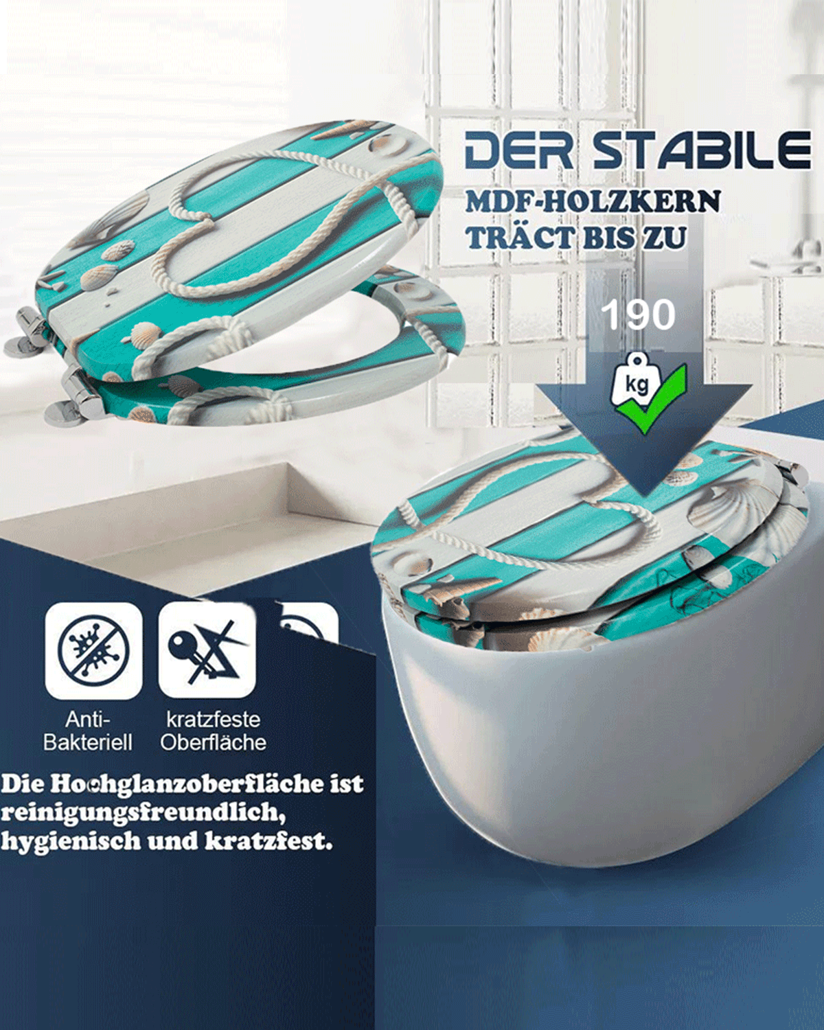 SINOBATH (H147) WC-Sitz Toilettensitz mit Absenkautomatik, MDF-Holzkern, Softclose-Scharnier(Liebesseil)