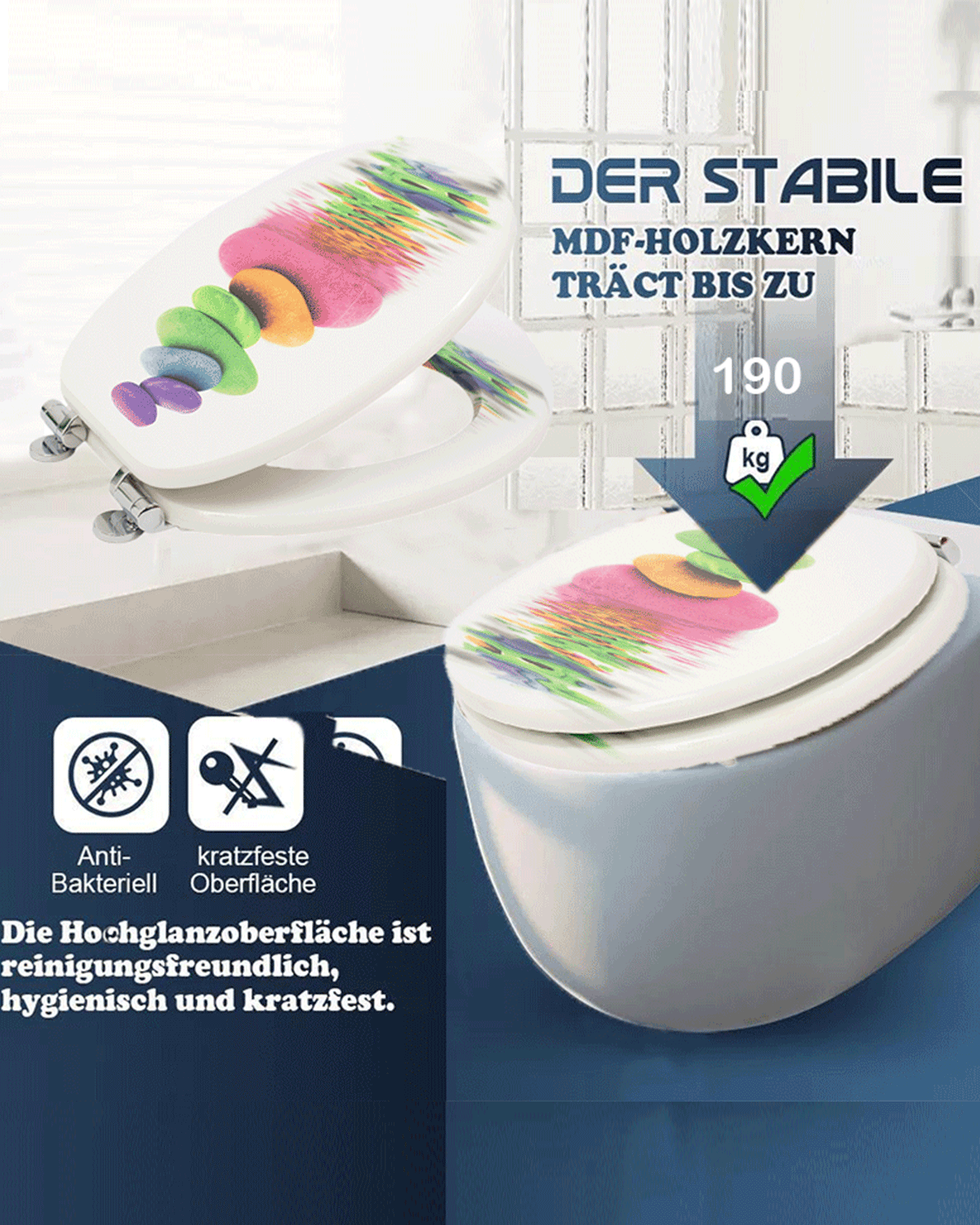 SINOBATH (H157) Toilettensitz,MDF-Holzkern, Softclose-Scharnier-Farbige Kies