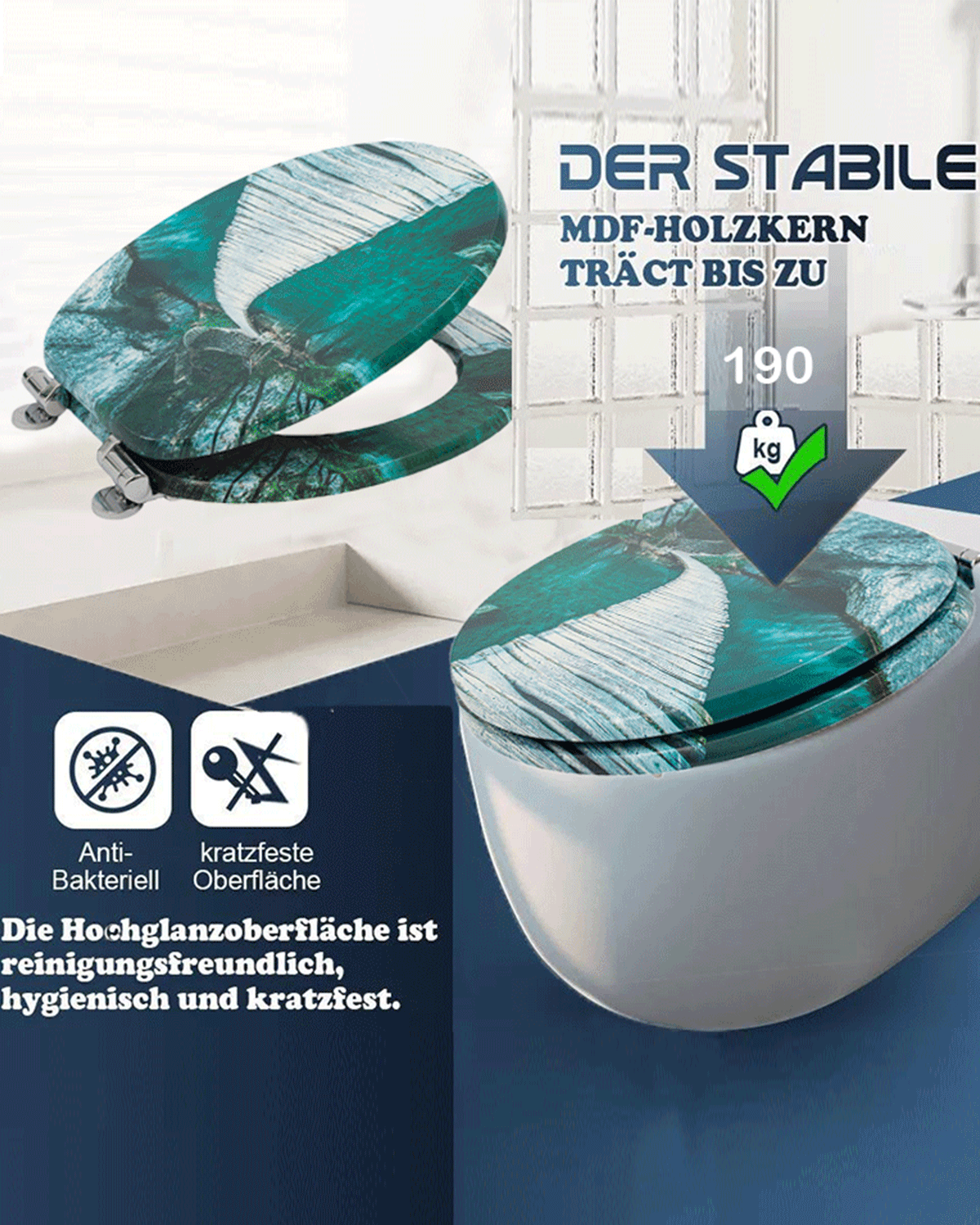 SINOBATH (H158) langsam schließender Toilettensitz, Eine spezielle PVC-beschichtete Folie reduziert Bakterien(Brücke)