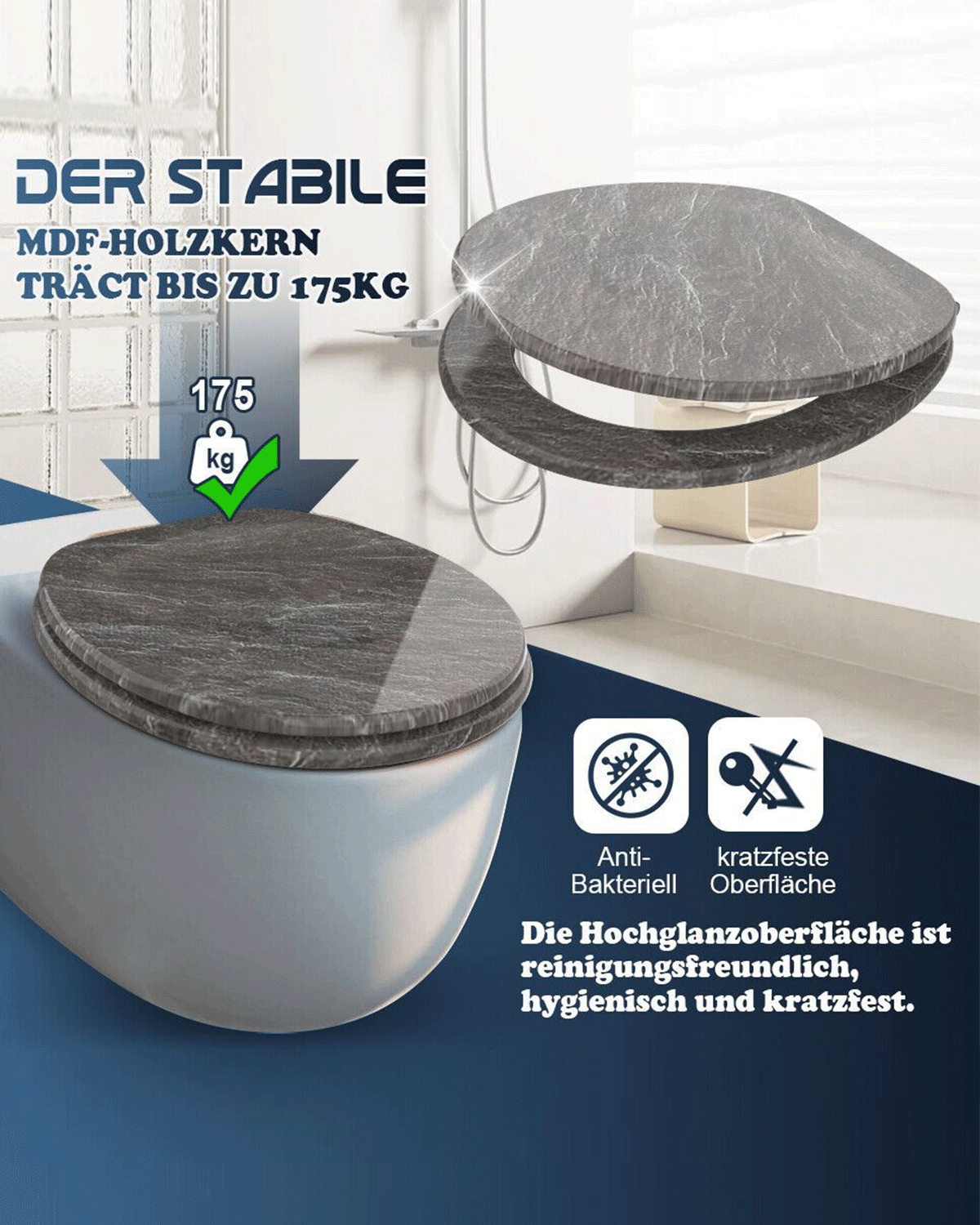 SINOBATH (H169) mit Absenkautomatik, Softclose-Scharnier,MDF-Holzkern, WC-Sitz Toilettensitz (Marmor)