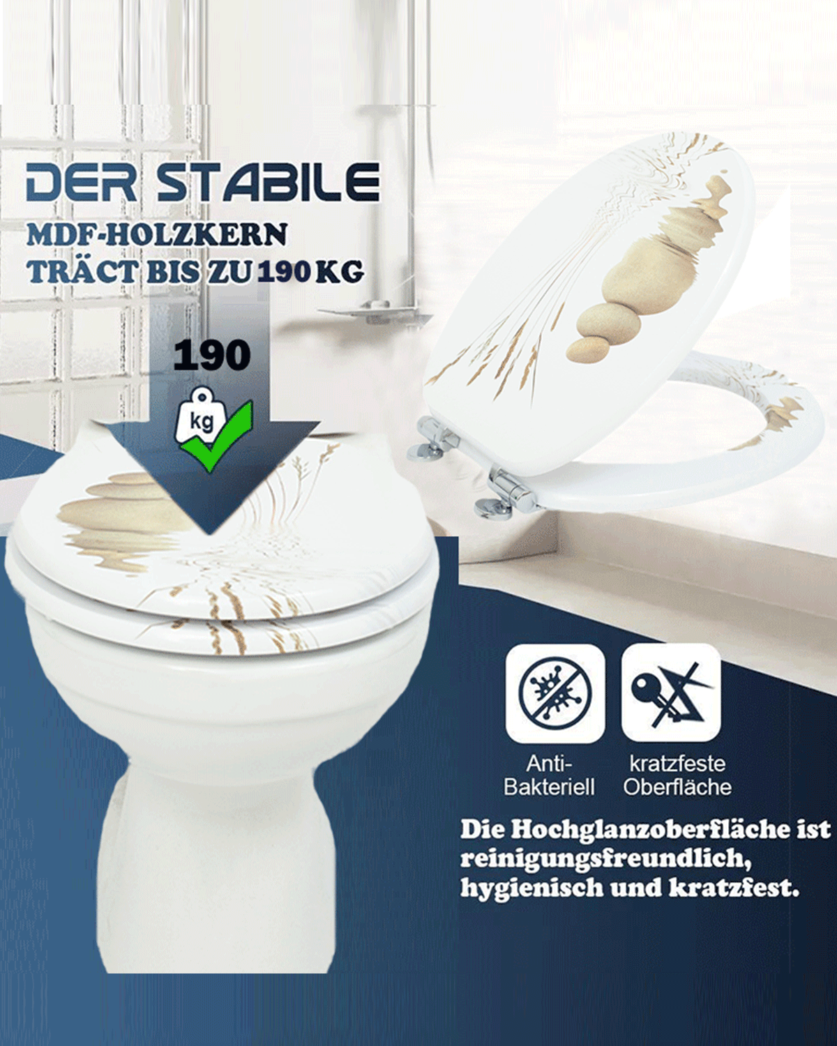 SINOBATH (H235) Toilettensitz mit Absenkautomatik, MDF-Holzkern,WC-Sitz , Softclose-Scharnier(Wasseroberfläche Kopfsteinpflaster)