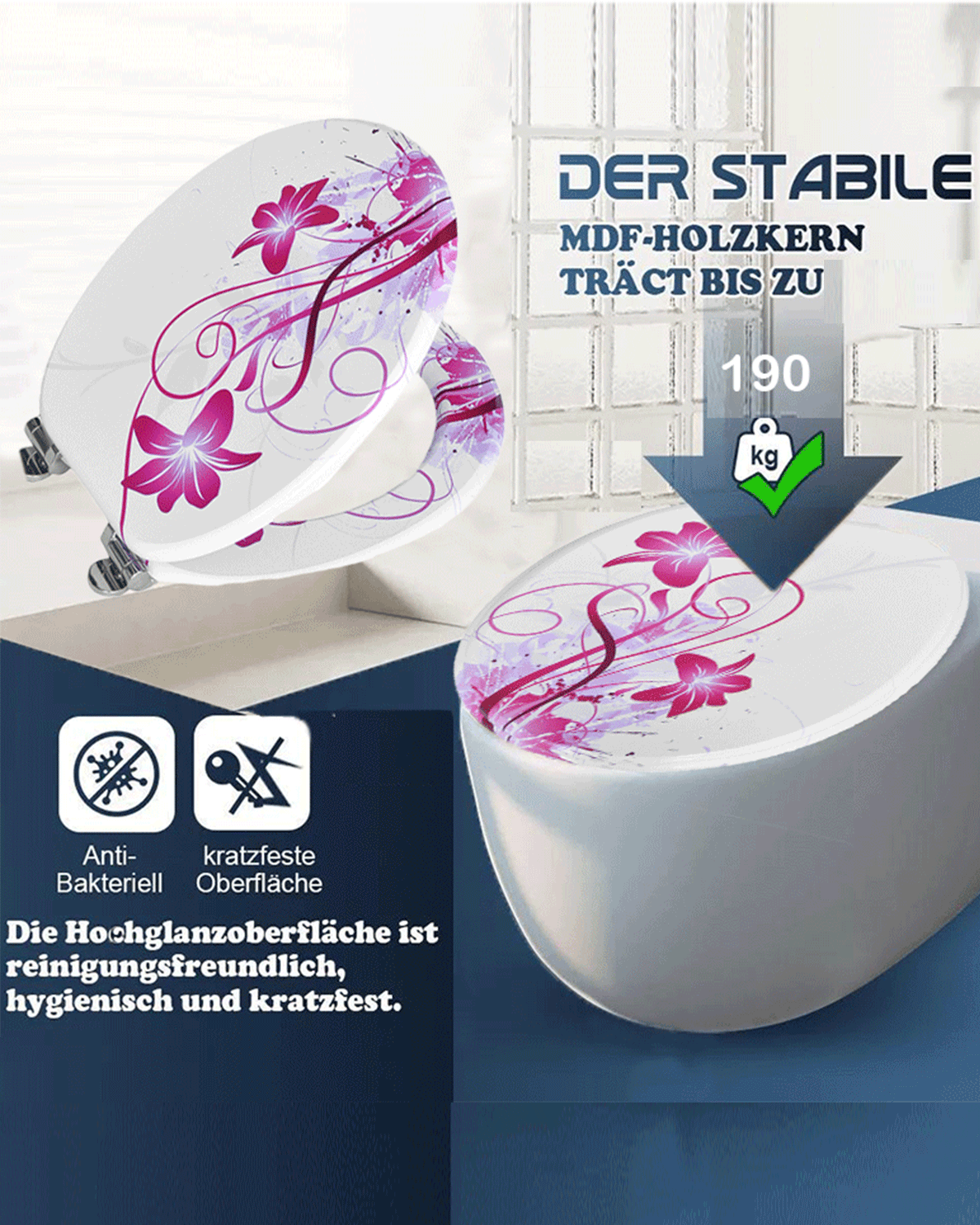 SINOBATH (H269) mit Absenkautomatik, Softclose-Scharnier,MDF-Holzkern, WC-Sitz Toilettensitz (Muster)