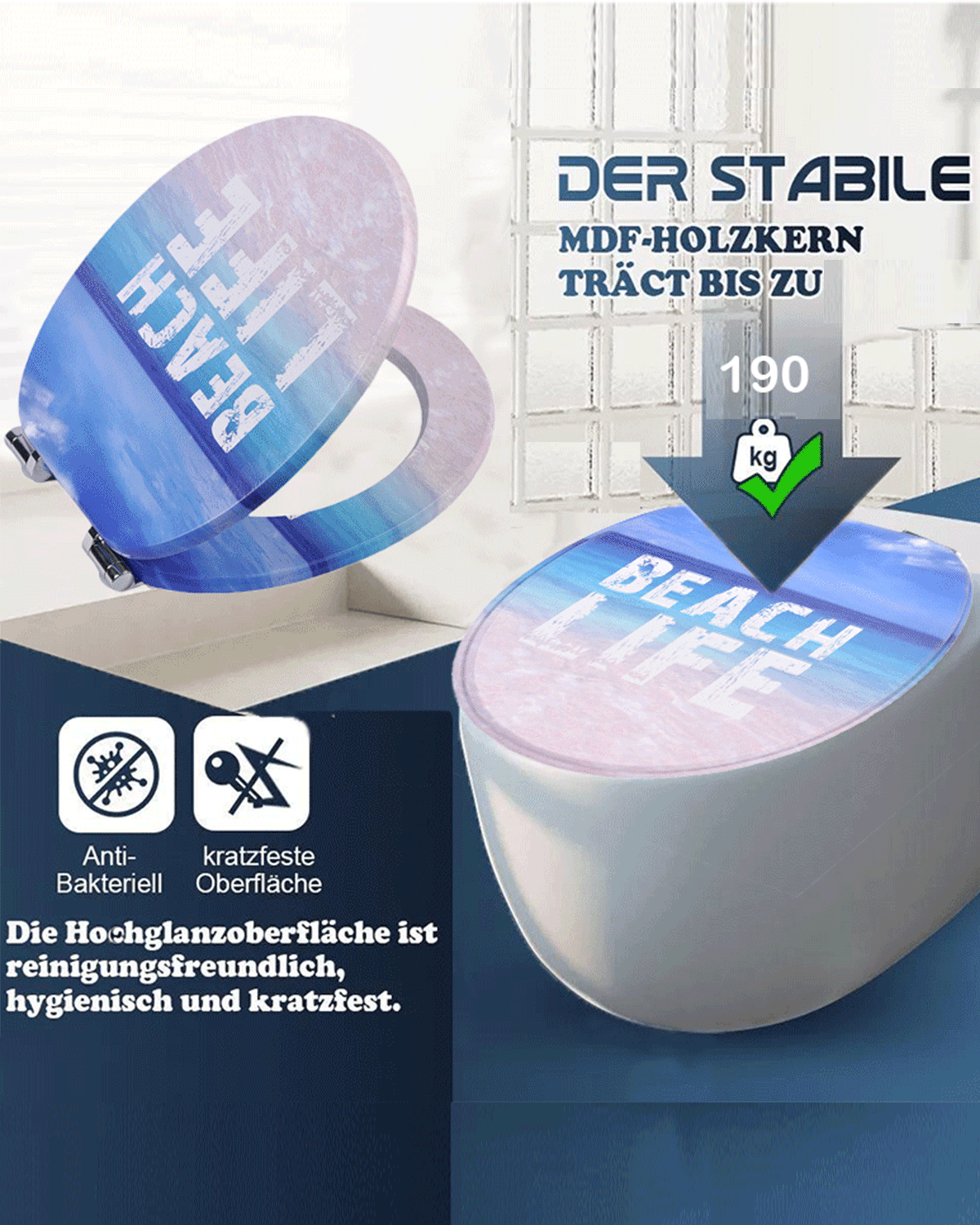 SINOBATH (H344) mit Absenkautomatik, Softclose-Scharnier,MDF-Holzkern, WC-Sitz Toilettensitz (Strandleben)