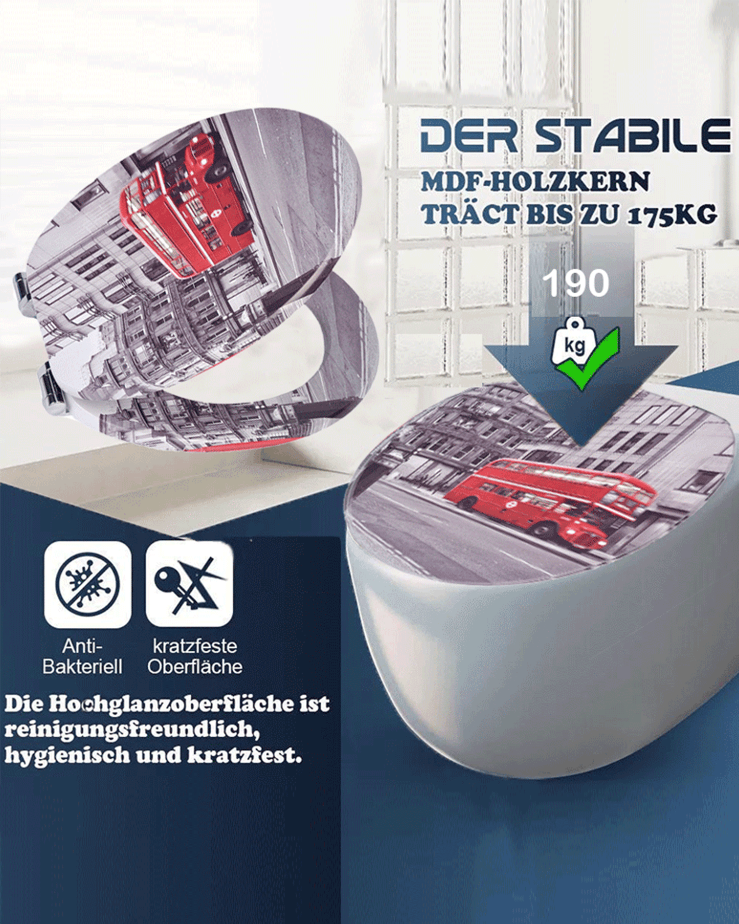 SINOBATH (H345) mit Absenkautomatik, Softclose-Scharnier,MDF-Holzkern, WC-Sitz Toilettensitz (Straße)