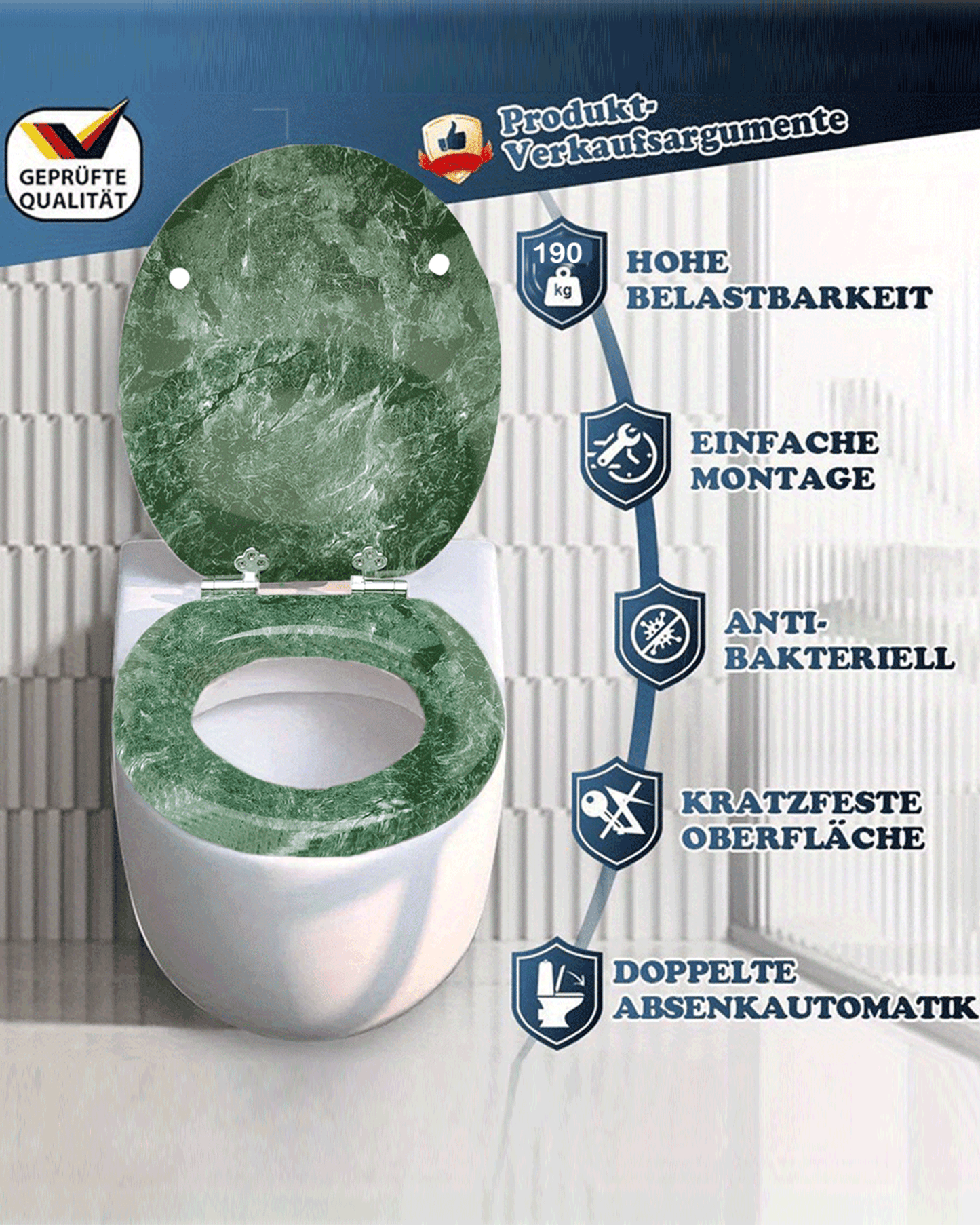 SINOBATH (S07) mit Absenkautomatik, Softclose-Scharnier,MDF-Holzkern, WC-Sitz Toilettensitz (grüner Marmor)