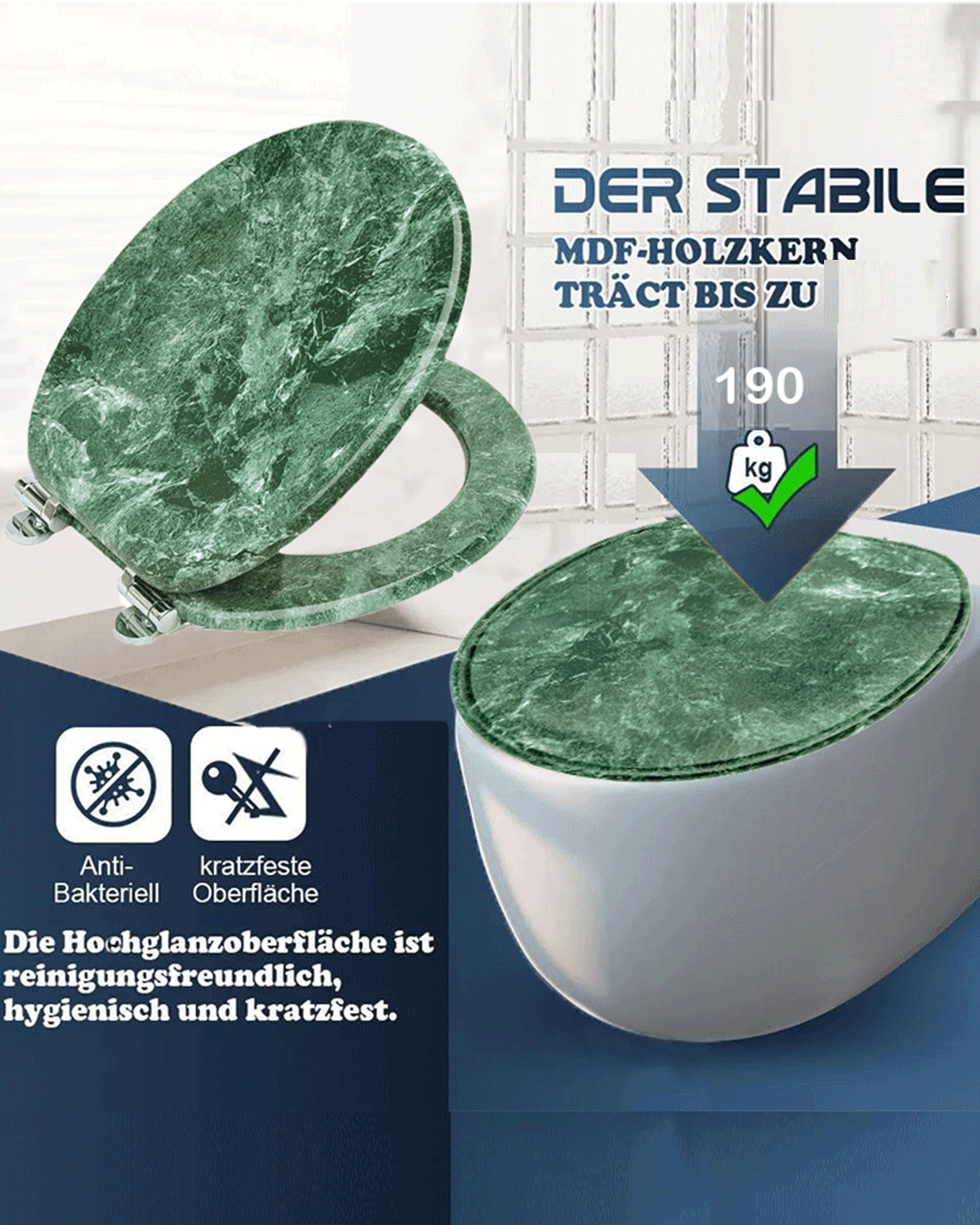 SINOBATH (S07) mit Absenkautomatik, Softclose-Scharnier,MDF-Holzkern, WC-Sitz Toilettensitz (grüner Marmor)