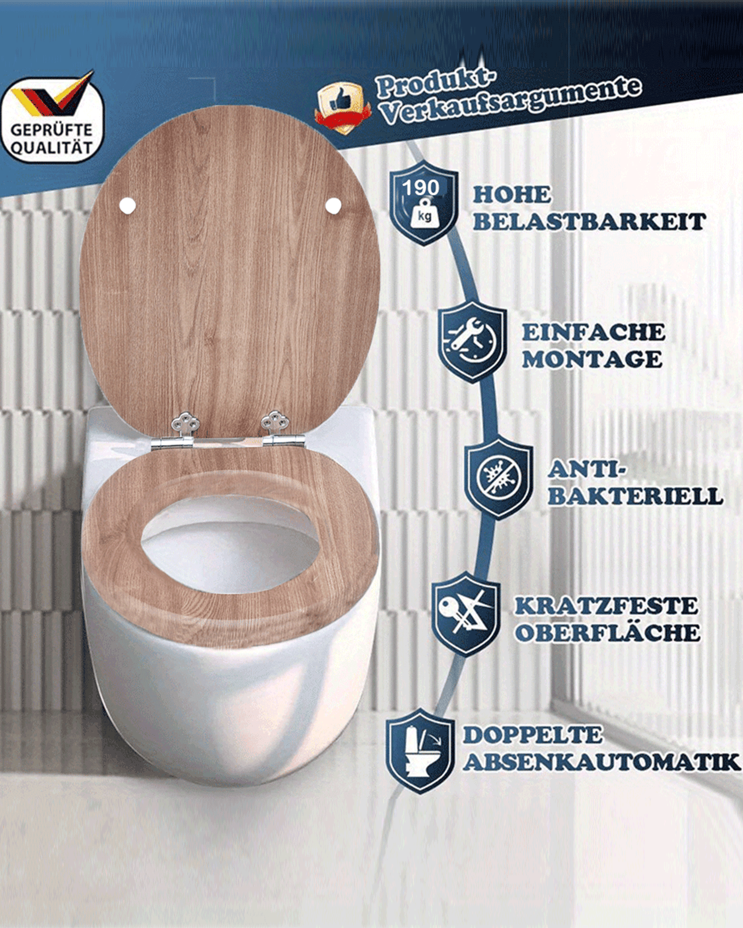 SINOBATH (W101) mit Absenkautomatik, Softclose-Scharnier,MDF-Holzkern, WC-Sitz Toilettensitz (Holz)