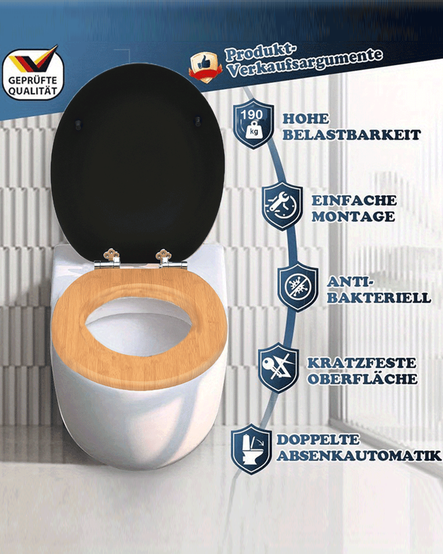 SINOBATH (W103) mit Absenkautomatik, Softclose-Scharnier,MDF-Holzkern, WC-Sitz Toilettensitz (schwarz+gold)