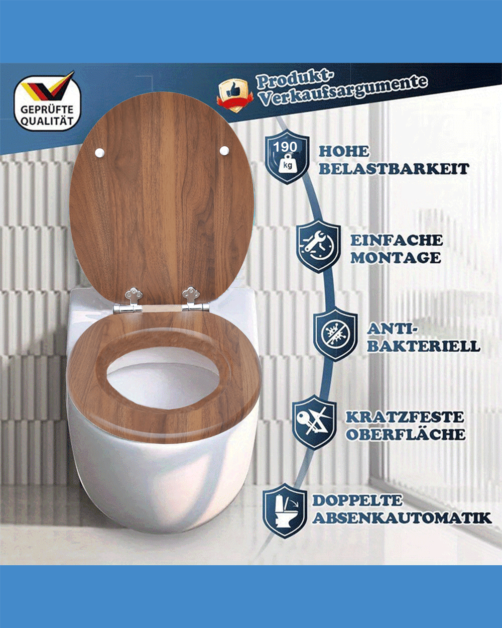 SINOBATH (W107) mit Absenkautomatik, Softclose-Scharnier,MDF-Holzkern, WC-Sitz Toilettensitz (Wood)