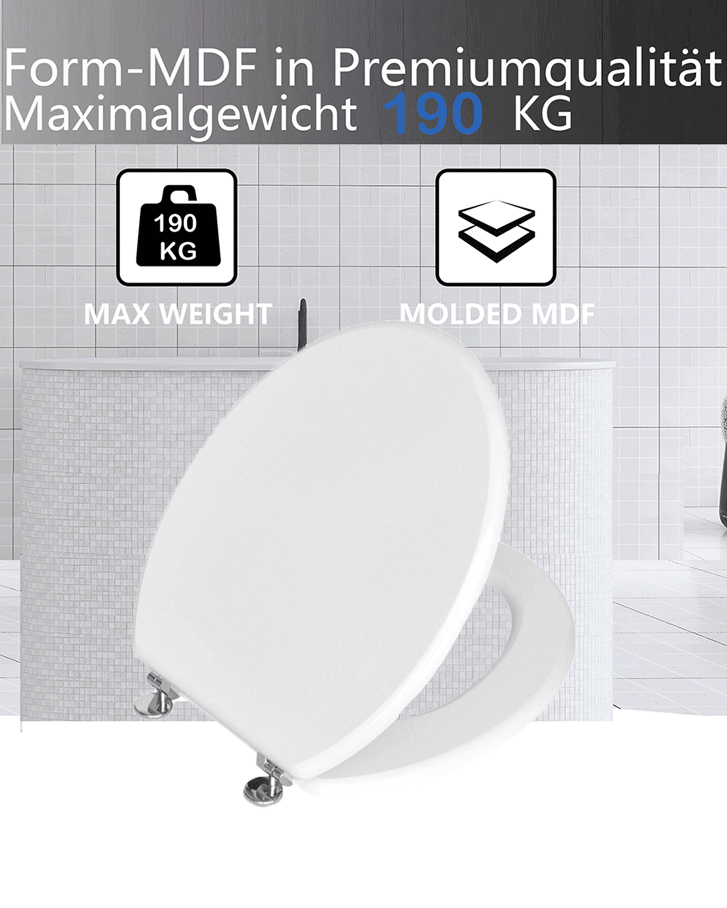 SINOBATH (H001) mit Absenkautomatik, MDF-Holzkern, WC-Sitz Toilettensitz (Weiß)