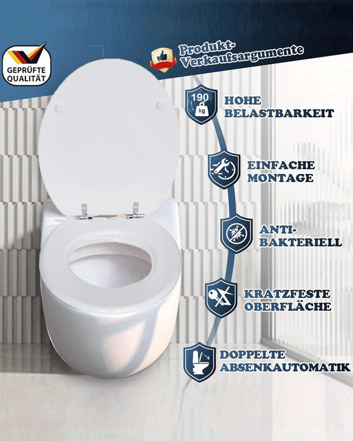 SINOBATH (H001) mit Absenkautomatik, MDF-Holzkern, WC-Sitz Toilettensitz (Weiß)