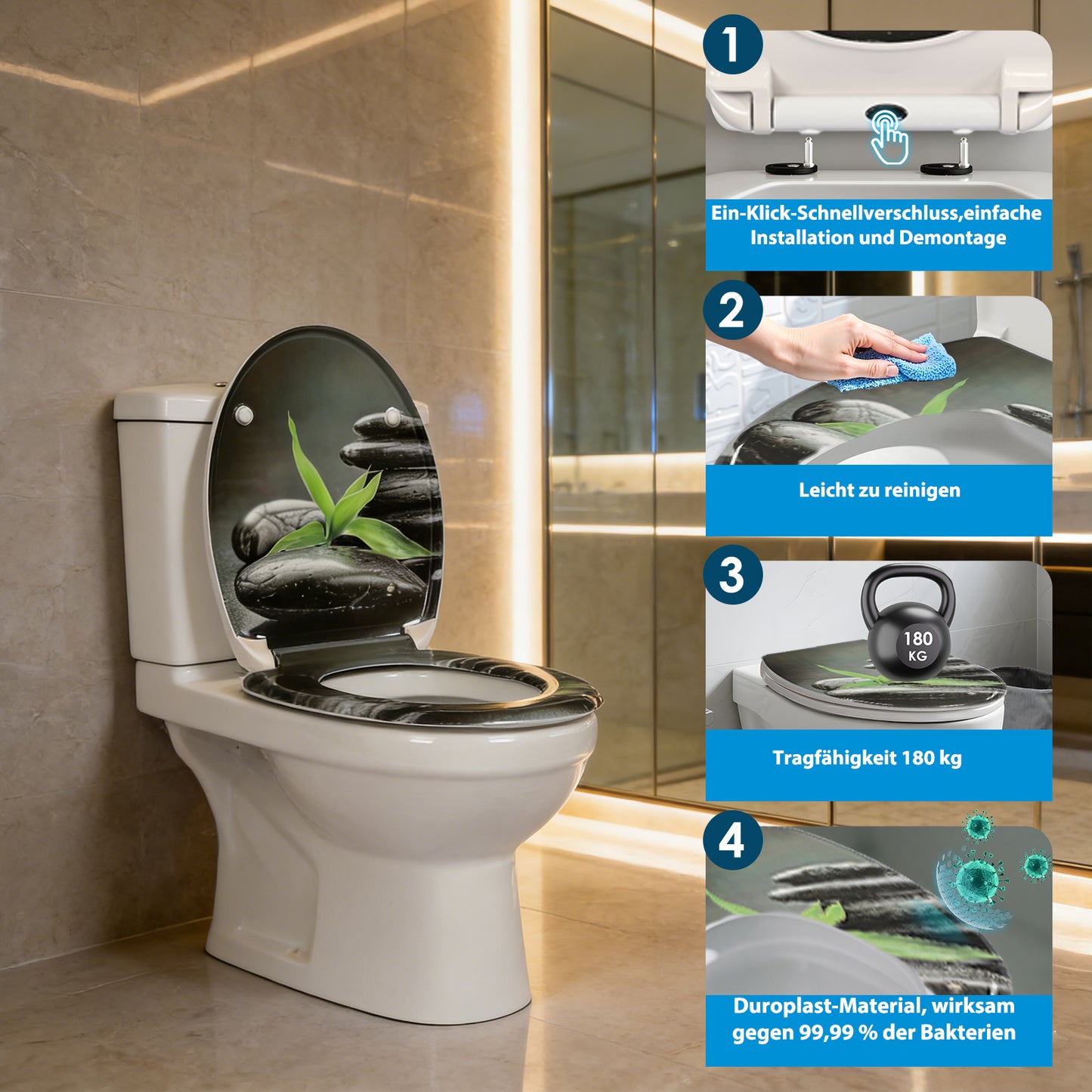 SINOBATH Duroplast WC-Sitz O-Form, Kleines Gras-Optik Absenkautomatik — UF12-421