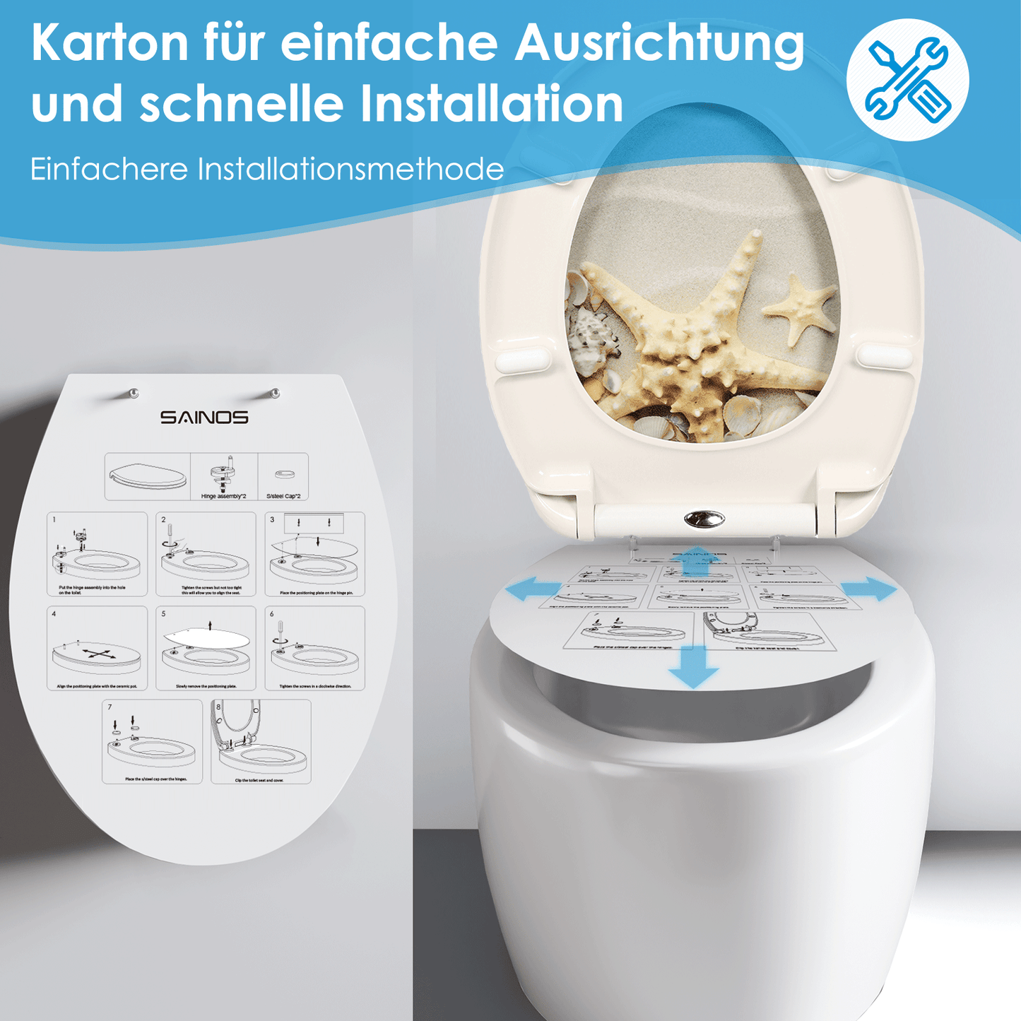 SAINOS O-förmiger Premium-Duroplast Toilettensitz Toilettendeckel, WC Sitz mit Absenkautomatik, Quick-Release Funktion für einfach Reinigung, O Form Weiß Toilettensitz mit Verstellbaren Scharnieren(US12-168)