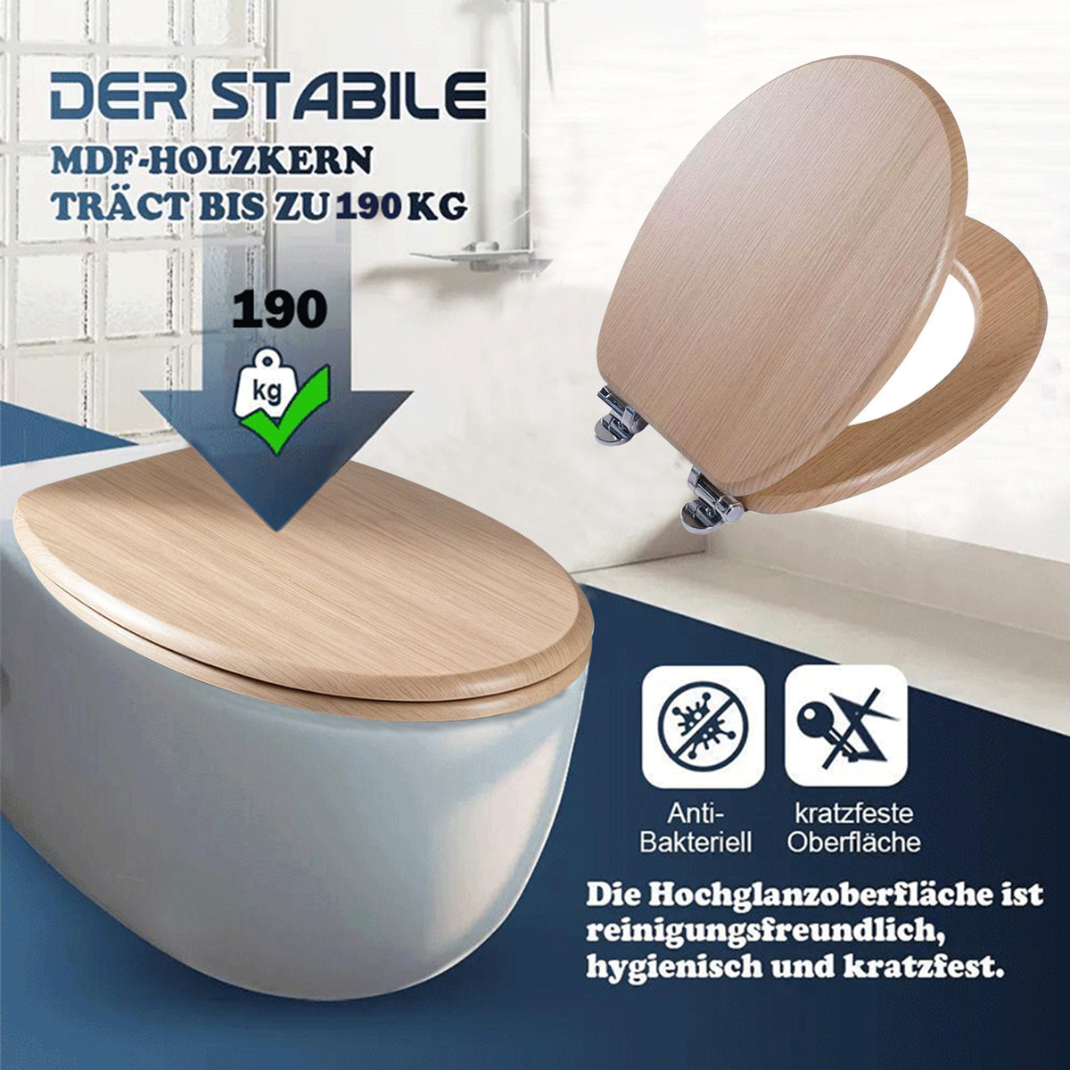 SINOBATH MDF-Holzkern, WC-Sitz Toilettensitz mit Absenkautomatik, Softclose-Scharnier (W042)