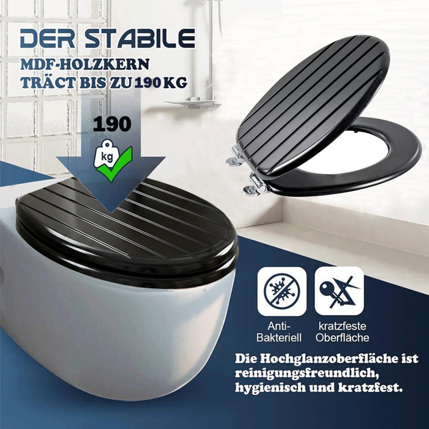 SINOBATH MDF WC-Sitz  Schwarz Softclose Toilettensitz — D77