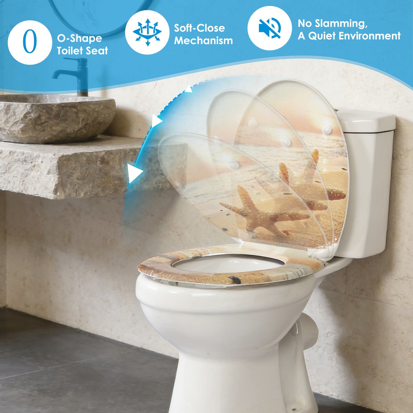 SINOBATH Duroplast WC-Sitz O-Form, Seestern-Optik Absenkautomatik — UF12-052