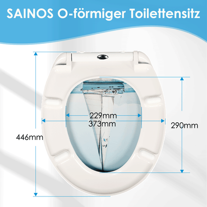 SAINOS O-förmiger Premium-Duroplast Toilettensitz Toilettendeckel, WC Sitz mit Absenkautomatik, Quick-Release Funktion für einfach Reinigung, O Form Weiß Toilettensitz mit Verstellbaren Scharnieren(UF12-344)