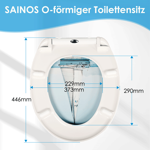 SAINOS O-förmiger Premium-Duroplast Toilettensitz Toilettendeckel, WC Sitz mit Absenkautomatik, Quick-Release Funktion für einfach Reinigung, O Form Weiß Toilettensitz mit Verstellbaren Scharnieren(UF12-344)