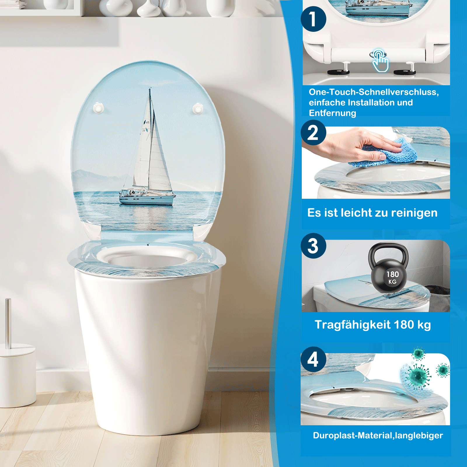 SAINOS O-förmiger Premium-Duroplast Toilettensitz Toilettendeckel, WC Sitz mit Absenkautomatik, Quick-Release Funktion für einfach Reinigung, O Form Weiß Toilettensitz mit Verstellbaren Scharnieren(UF12-344)