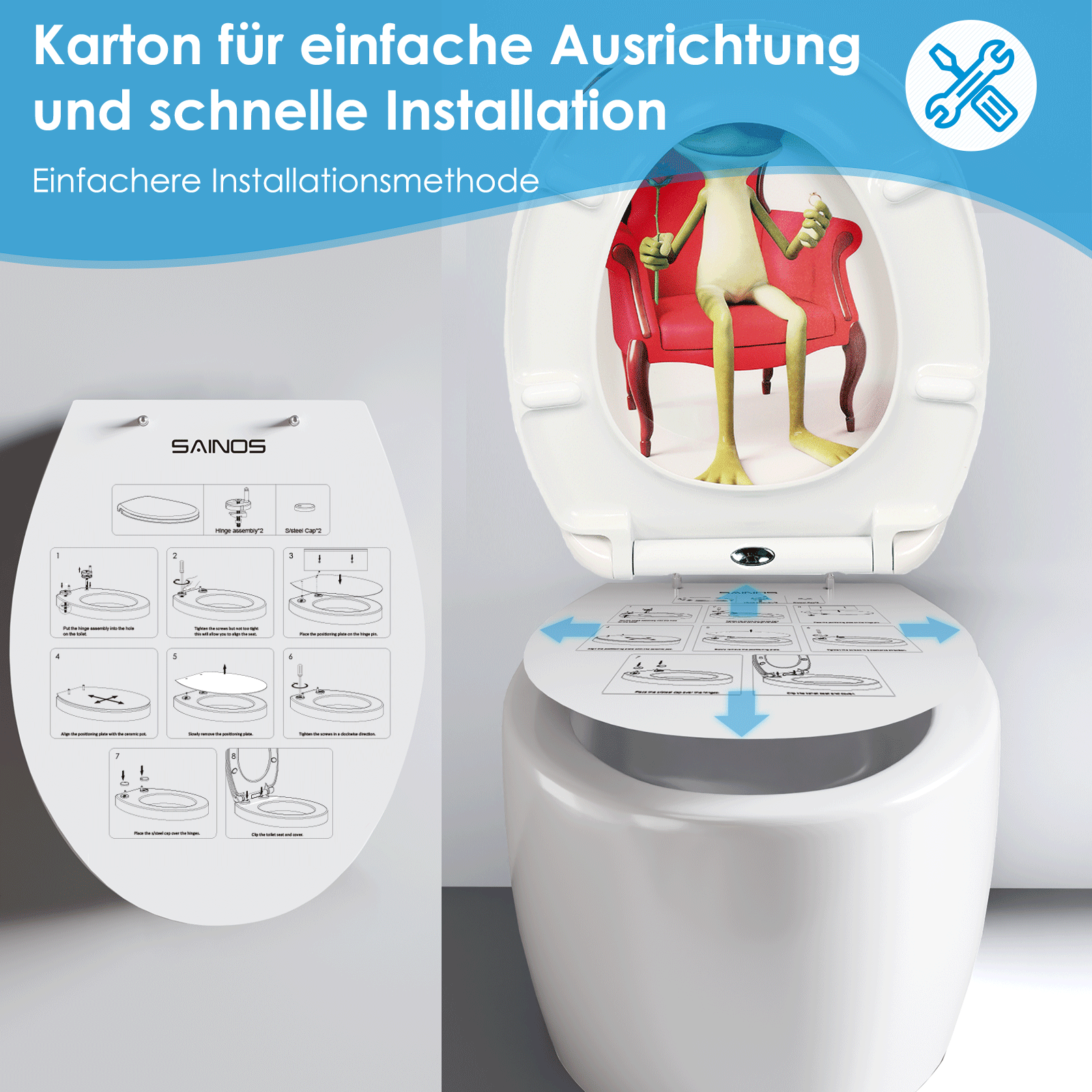 SAINOS O-förmiger Premium-Duroplast Toilettensitz Toilettendeckel, WC Sitz mit Absenkautomatik, Quick-Release Funktion für einfach Reinigung, O Form Weiß Toilettensitz mit Verstellbaren Scharnieren(UF12-350)