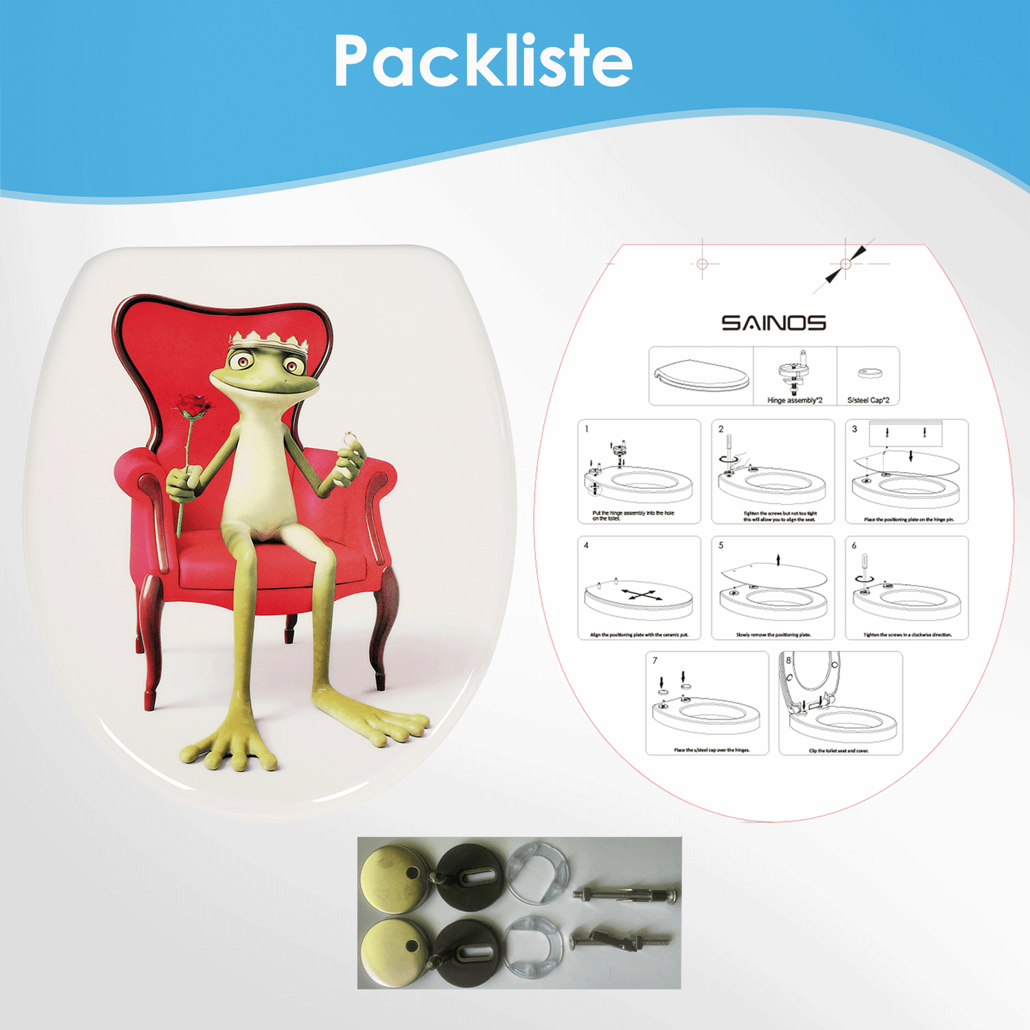 SAINOS O-förmiger Premium-Duroplast Toilettensitz Toilettendeckel, WC Sitz mit Absenkautomatik, Quick-Release Funktion für einfach Reinigung, O Form Weiß Toilettensitz mit Verstellbaren Scharnieren(UF12-350)