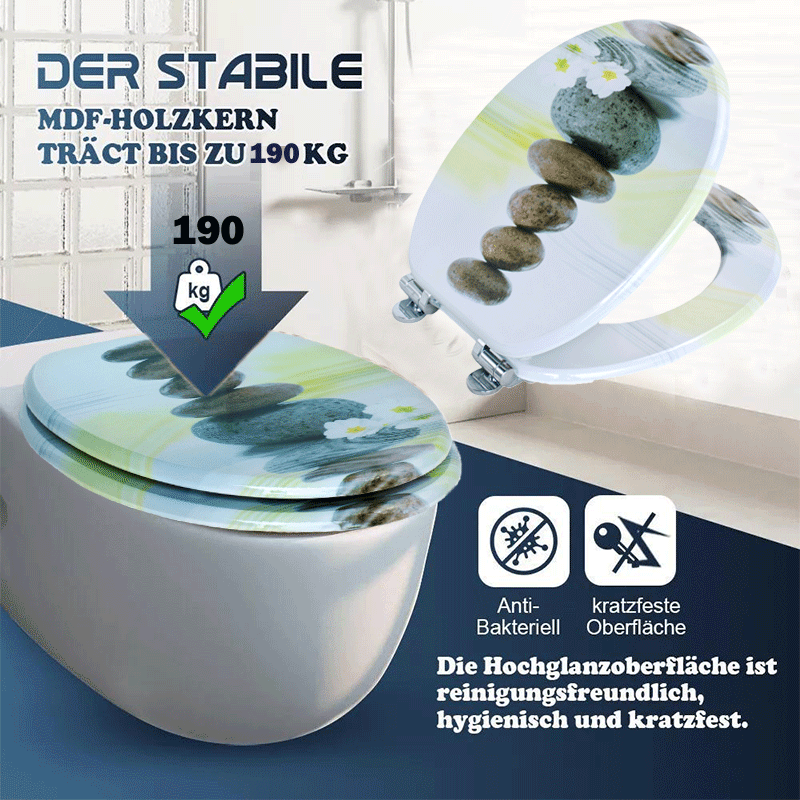 SINOBATH MDF-Holzkern, WC-Sitz Toilettensitz mit Absenkautomatik, Softclose-Scharnier（H357)