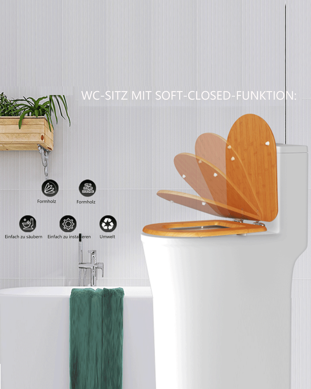 SINOBATH (Z01) Toilettensitz mit Absenkautomatik, Softclose-Scharnier（Bambusholzmaserung）