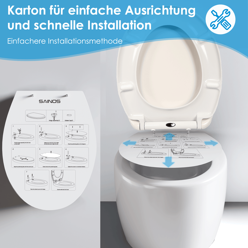 SAINOS O-förmiger Premium-Duroplast Toilettensitz Toilettendeckel, WC Sitz mit Absenkautomatik, Quick-Release Funktion für einfach Reinigung, O Form Weiß Toilettensitz mit Verstellbaren Scharnieren(UF12-552)
