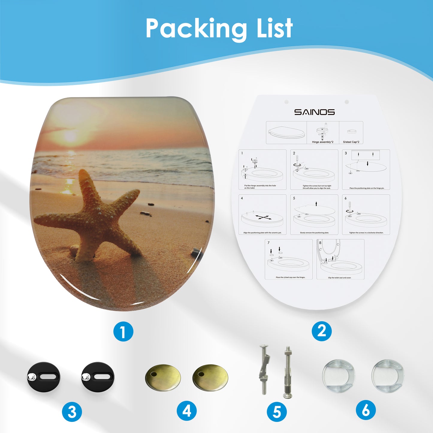 SINOBATH Duroplast WC-Sitz O-Form, Seestern-Optik Absenkautomatik — UF12-052