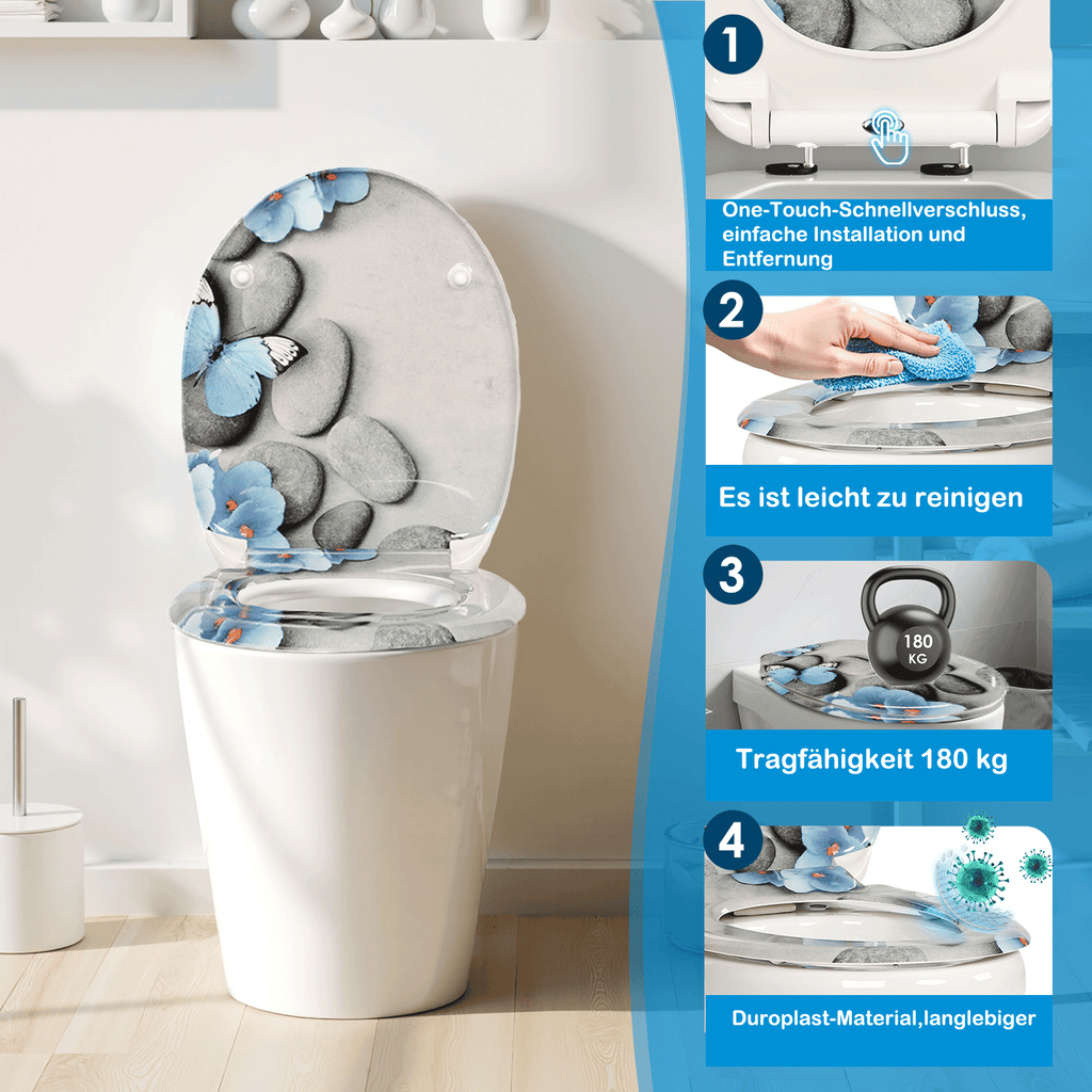 SAINOS O-förmiger Premium-Duroplast Toilettensitz Toilettendeckel, WC Sitz mit Absenkautomatik, Quick-Release Funktion für einfach Reinigung, O Form Weiß Toilettensitz mit Verstellbaren Scharnieren(US12-822)
