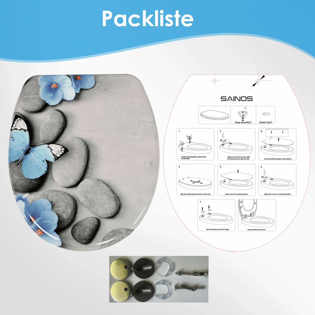 SAINOS O-förmiger Premium-Duroplast Toilettensitz Toilettendeckel, WC Sitz mit Absenkautomatik, Quick-Release Funktion für einfach Reinigung, O Form Weiß Toilettensitz mit Verstellbaren Scharnieren(US12-822)