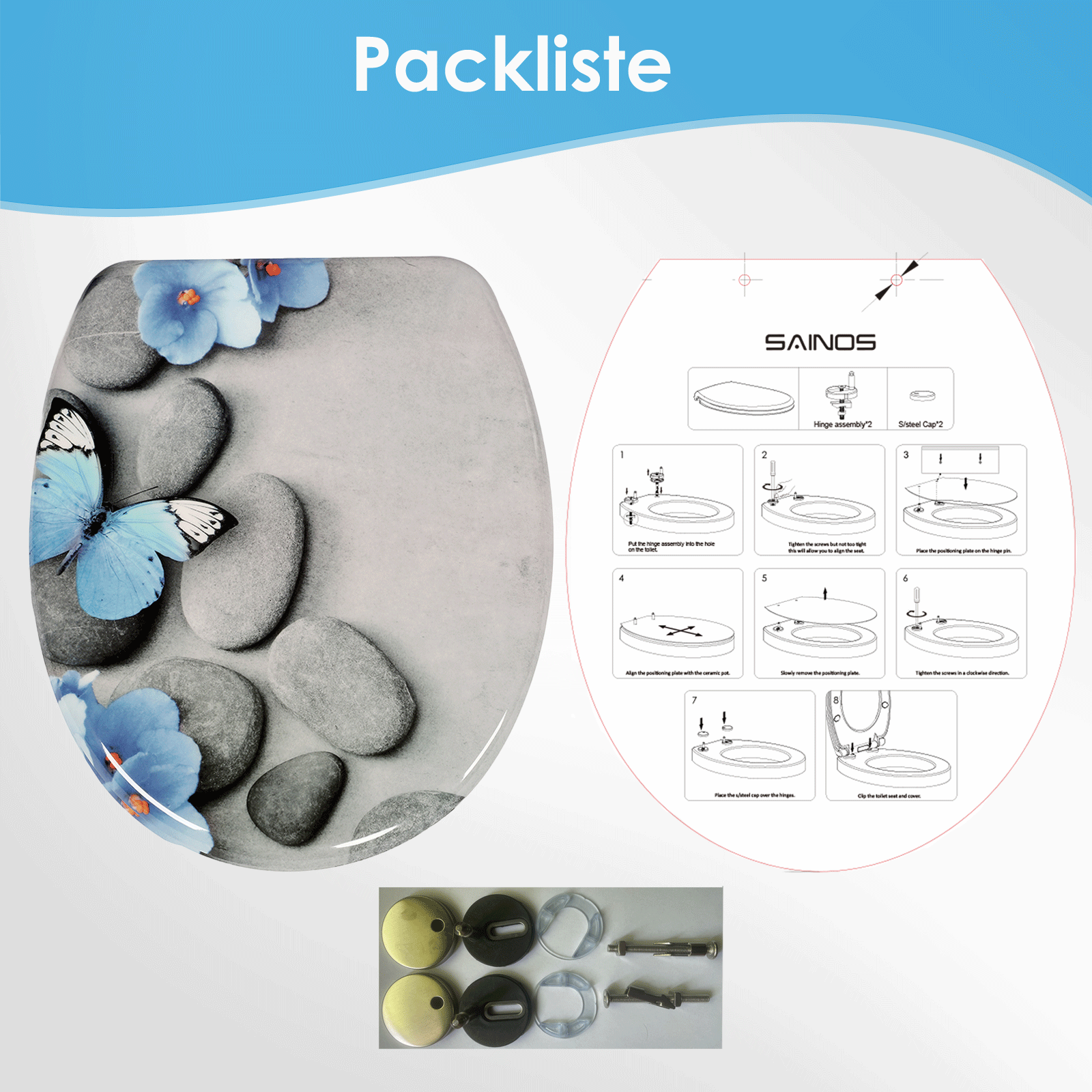 SAINOS O-förmiger Premium-Duroplast Toilettensitz Toilettendeckel, WC Sitz mit Absenkautomatik, Quick-Release Funktion für einfach Reinigung, O Form Weiß Toilettensitz mit Verstellbaren Scharnieren(US12-822)