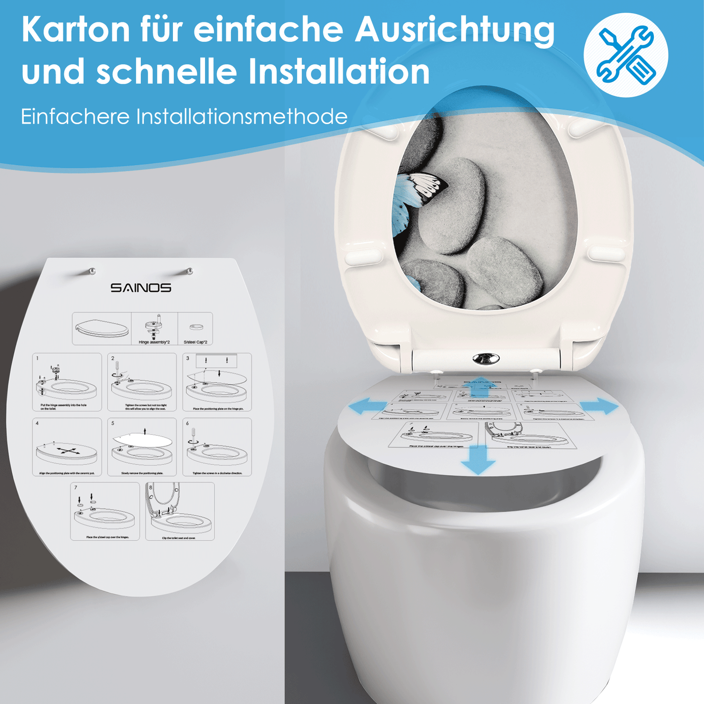 SAINOS O-förmiger Premium-Duroplast Toilettensitz Toilettendeckel, WC Sitz mit Absenkautomatik, Quick-Release Funktion für einfach Reinigung, O Form Weiß Toilettensitz mit Verstellbaren Scharnieren(US12-822)