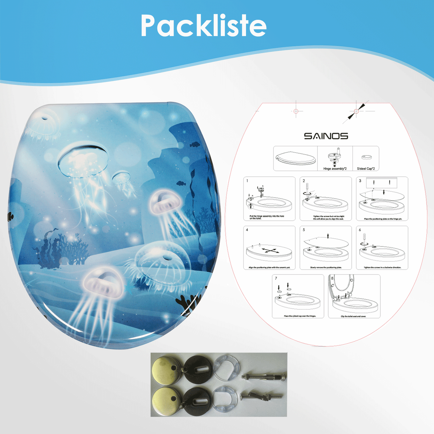 SAINOS O-förmiger Premium-Duroplast Toilettensitz Toilettendeckel, WC Sitz mit Absenkautomatik, Quick-Release Funktion für einfach Reinigung, O Form Weiß Toilettensitz mit Verstellbaren Scharnieren(UF12-922)