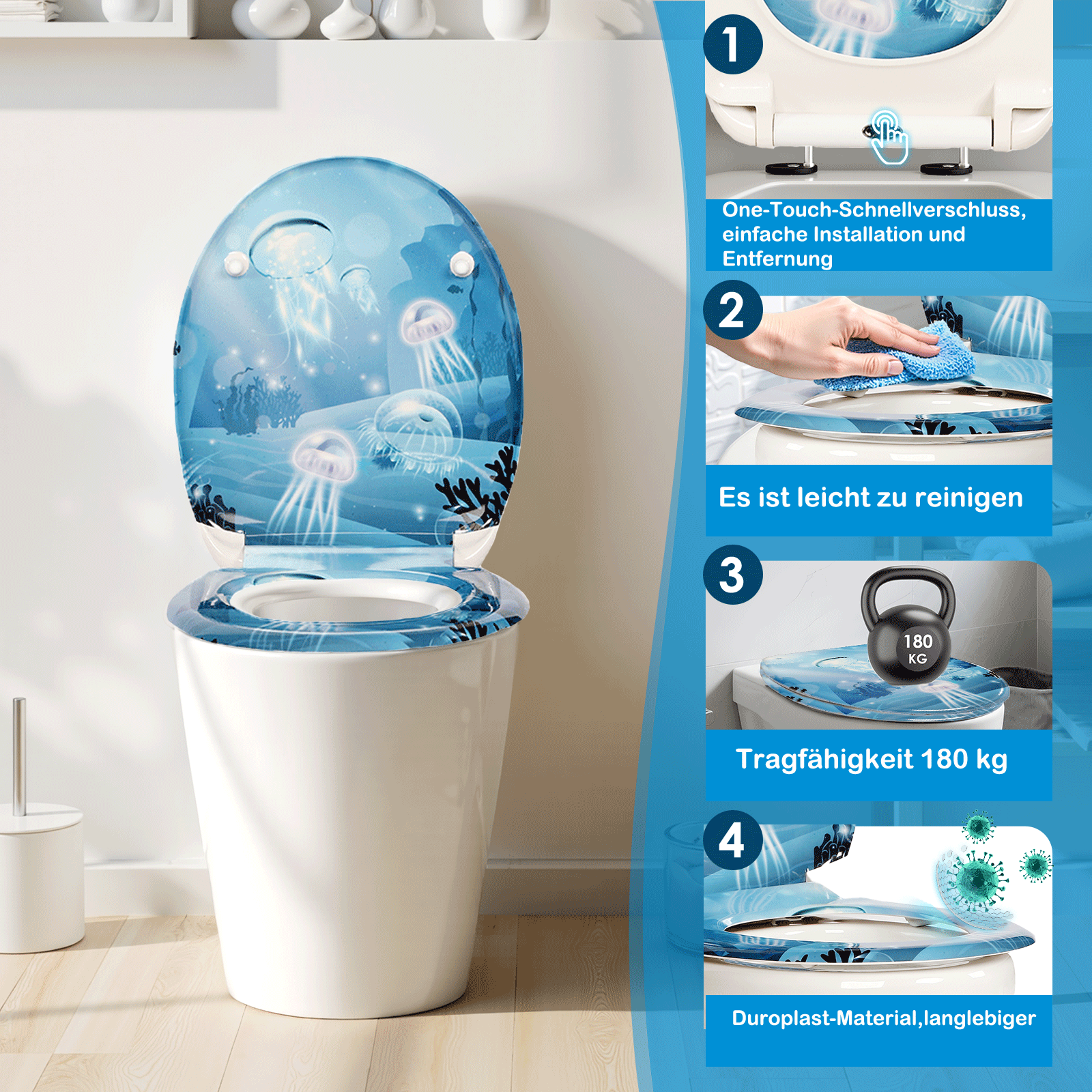 SAINOS O-förmiger Premium-Duroplast Toilettensitz Toilettendeckel, WC Sitz mit Absenkautomatik, Quick-Release Funktion für einfach Reinigung, O Form Weiß Toilettensitz mit Verstellbaren Scharnieren(UF12-922)