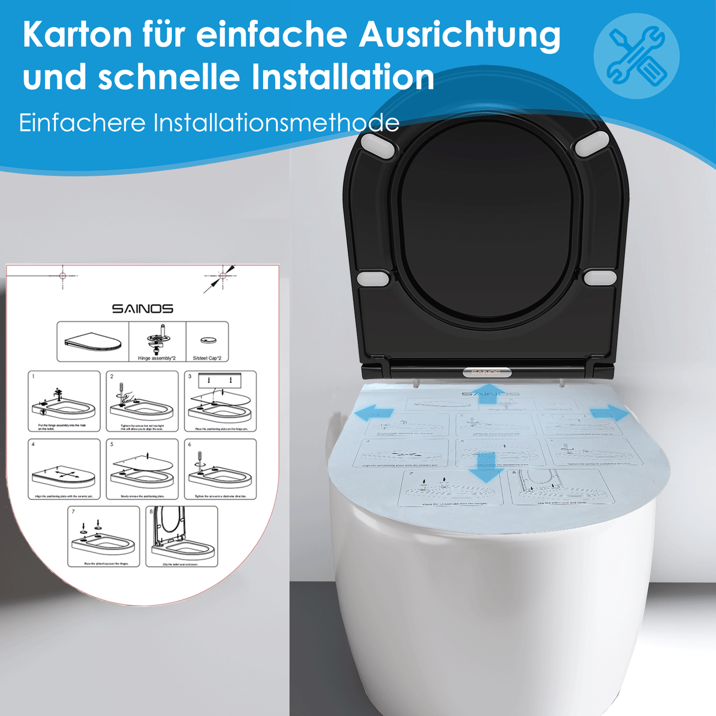 SAINOS O-förmiger Premium-Duroplast Toilettensitz Toilettendeckel, WC Sitz mit Absenkautomatik, Quick-Release Funktion für einfach Reinigung, D Form Weiß Toilettensitz mit Verstellbaren Scharnieren（SU046-B)