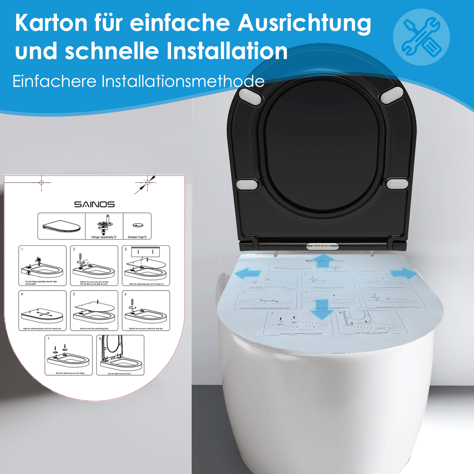 SAINOS O-förmiger Premium-Duroplast Toilettensitz Toilettendeckel, WC Sitz mit Absenkautomatik, Quick-Release Funktion für einfach Reinigung, D Form Weiß Toilettensitz mit Verstellbaren Scharnieren（SU046-B)