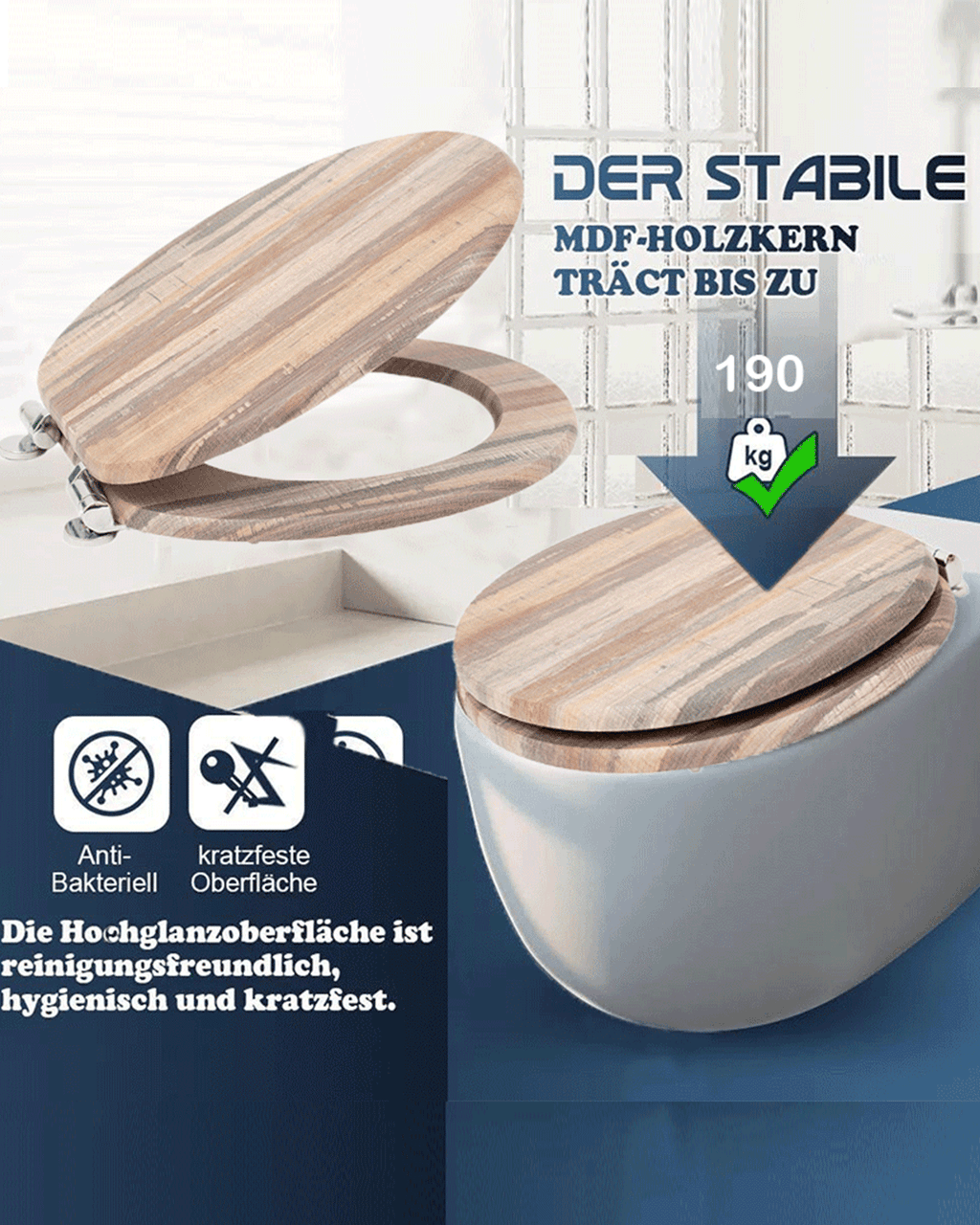 SINOBATH (H002)  mit Absenkautomatik, WC-Sitz Toilettensitz, MDF-Holzkern, Softclose-Scharnier（Holzmuster）