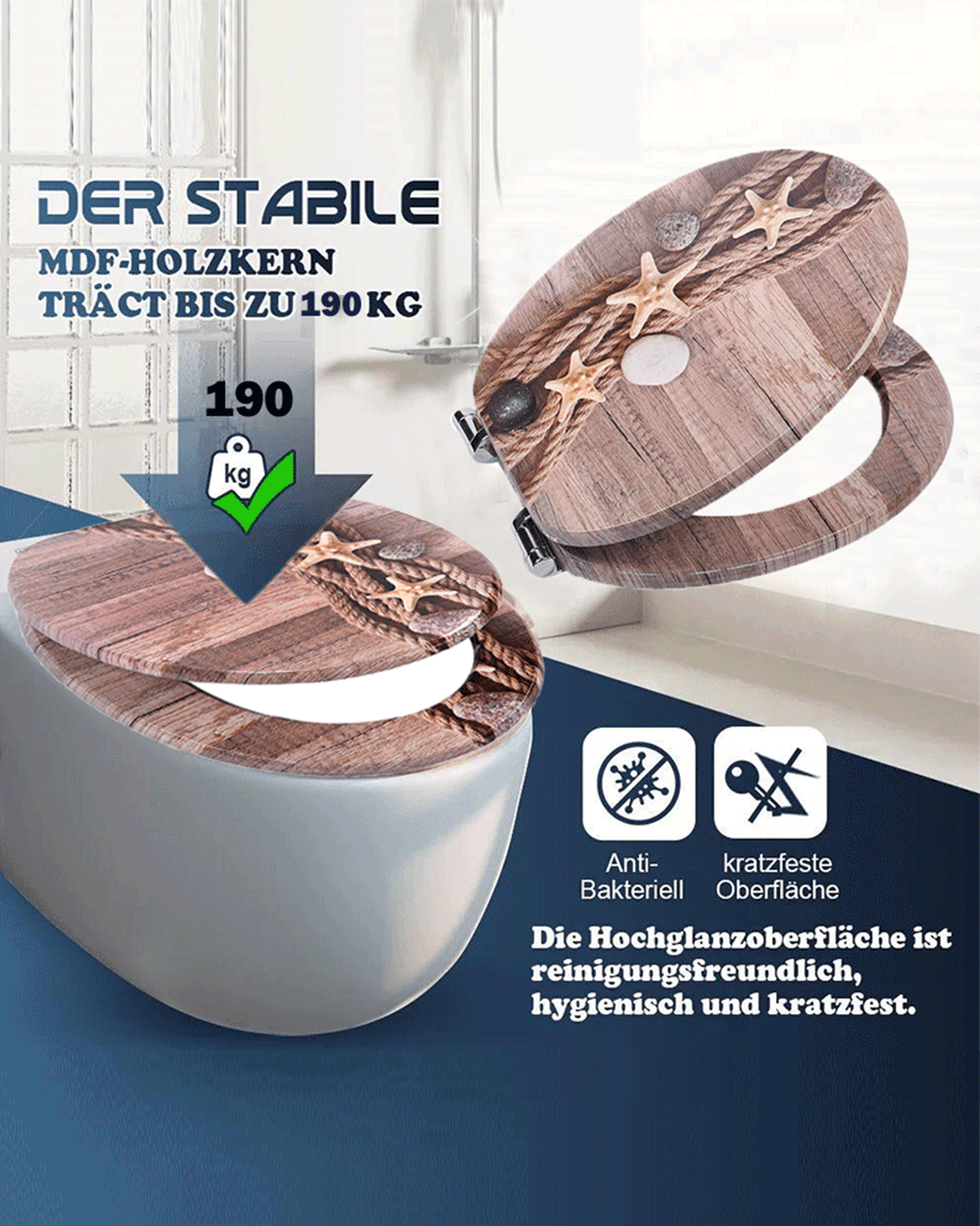 SINOBATH (H024)MDF-Holzkern, WC-Sitz Toilettensitz mit Absenkautomatik, Softclose-Scharnier（Seestern）