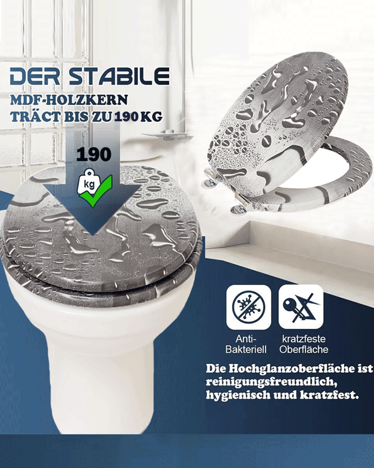 SINOBATH (H030) WC-Sitz Toilettensitz mit Absenkautomatik, Softclose-Scharnier, MDF-Holzkern（Tröpfchen Wasser）